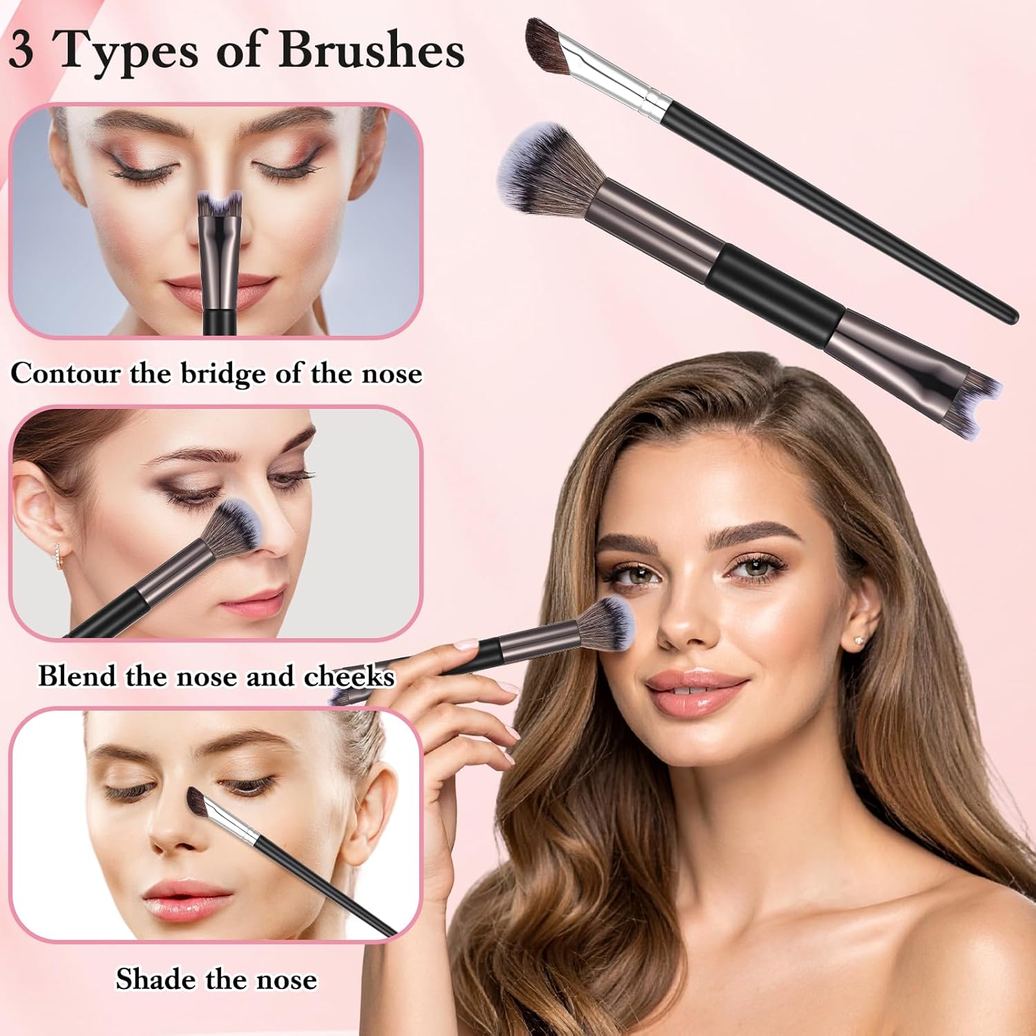 2 PCS Nose Contour Brushes for Makeup, 2-in-1 U-Shaped Fluffy Angled Tilt Brush for Precise Nose Sculpting and Defining, Mini Noses Contour Brush for Makeup Artists Black and Gray