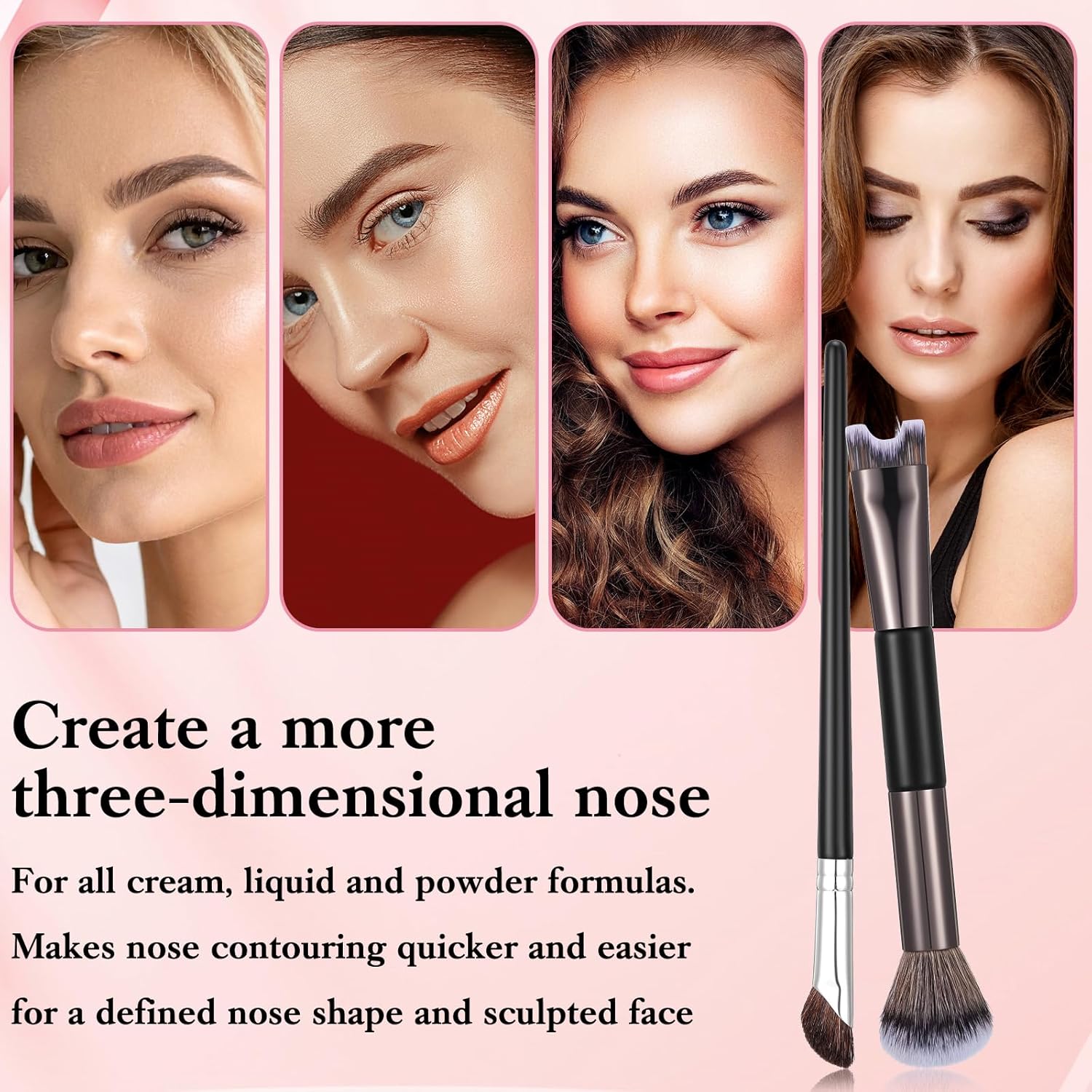2 PCS Nose Contour Brushes for Makeup, 2-in-1 U-Shaped Fluffy Angled Tilt Brush for Precise Nose Sculpting and Defining, Mini Noses Contour Brush for Makeup Artists Black and Gray