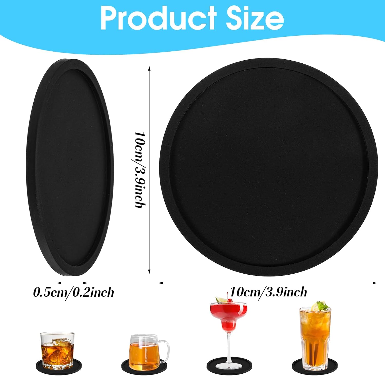 Xindojuz Drink Coasters Set of 4, 3.94 Inch Black Silicone Coasters for Drinks Washable Heat Resistant Durable Non-Slip Round Cup Mats for Coffee Table Wooden Desk Kitchen Bar, Black
