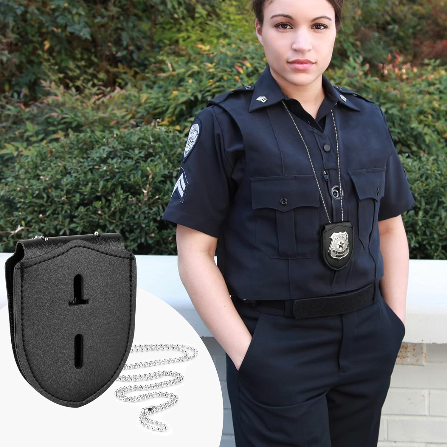 1 Pack Sheriff Badge Shield Holder with Faux Leather Wrapped Heavy Duty Steel Belt Clip with Stainless Steel Necklace, Universal, Black, Deputy Badge Holder, 8x3 inch 1 Pack