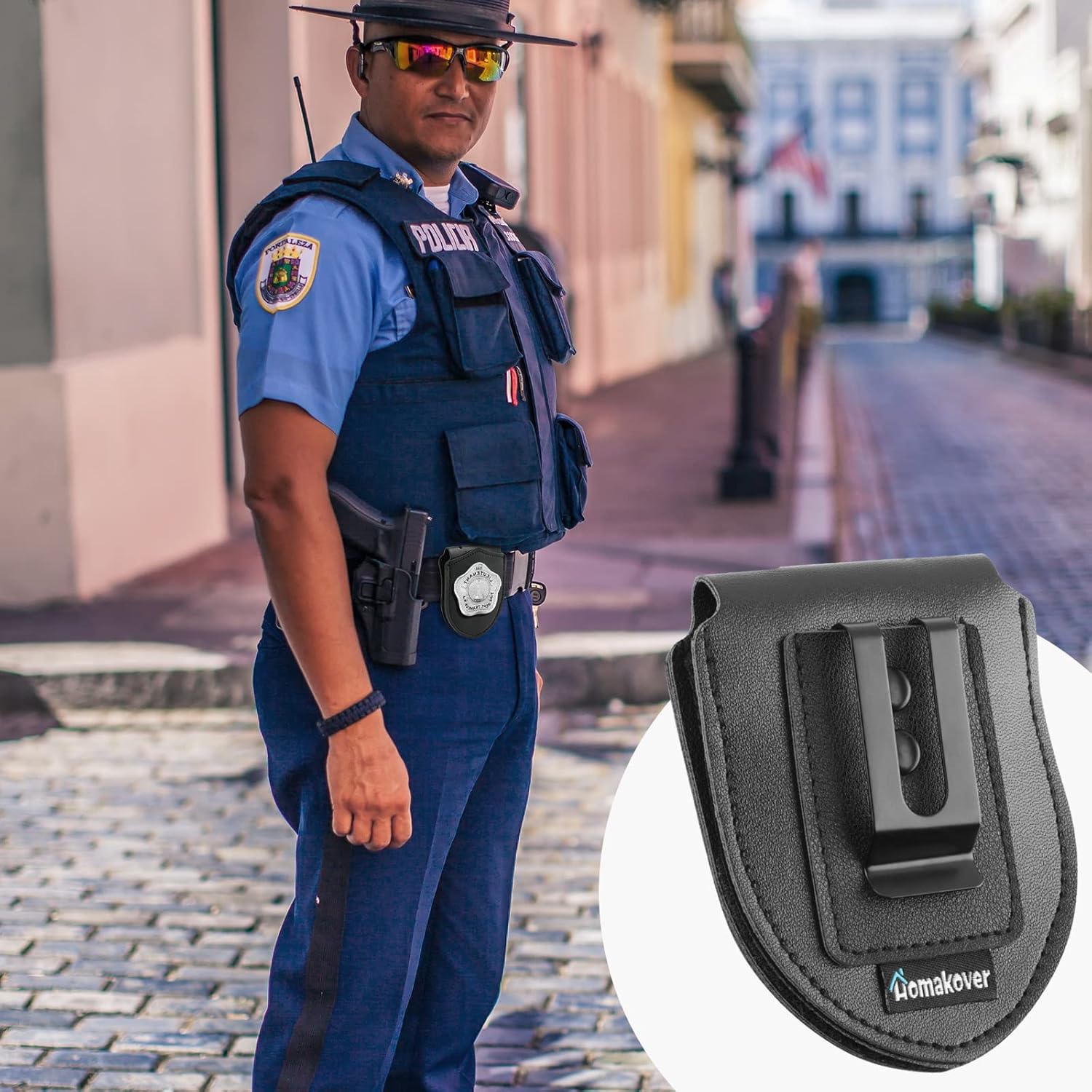 1 Pack Sheriff Badge Shield Holder with Faux Leather Wrapped Heavy Duty Steel Belt Clip with Stainless Steel Necklace, Universal, Black, Deputy Badge Holder, 8x3 inch 1 Pack