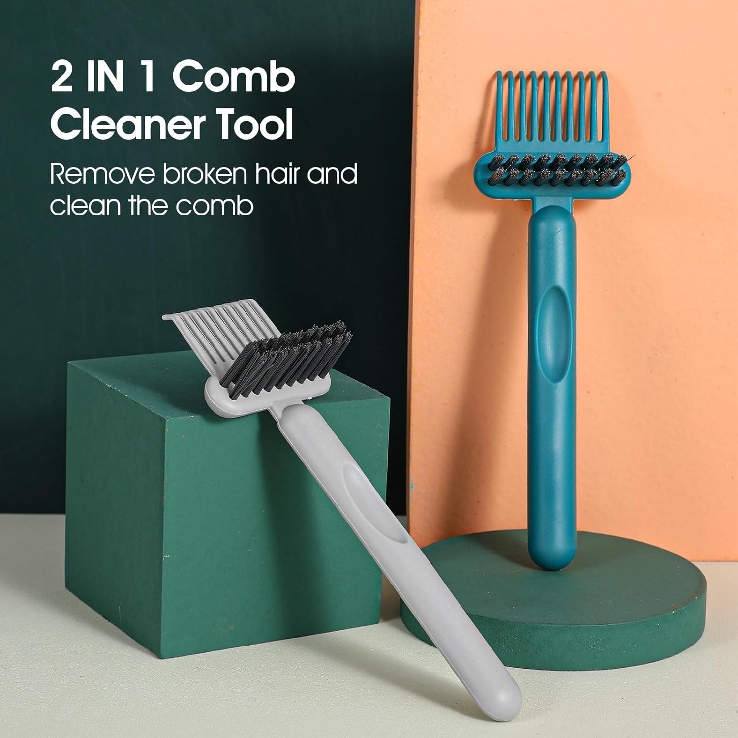 2 Pack 2-in-1 Hair Brush Cleaning Tool Hair Brush Cleaner and Remover Tool Dual-Sided Hairbrush Clean Tools for Removing Hairs and Dust Perfect for Home Salon Travel Use Green Grey