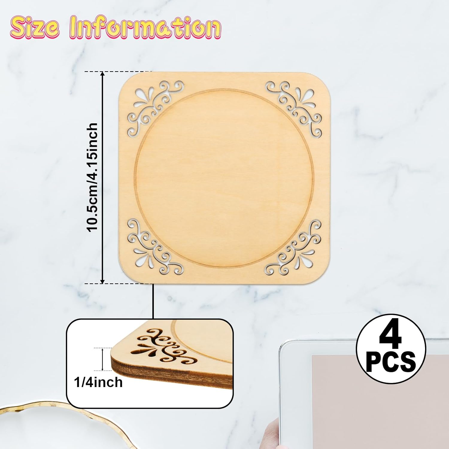 4 Pcs Unfinished Wood Coasters, 4 Inch Square Blank Coaster with Non Slip Pad for DIY Stained Painting Wood Engraving Wedding Halloween Christmas Home Decoration Square