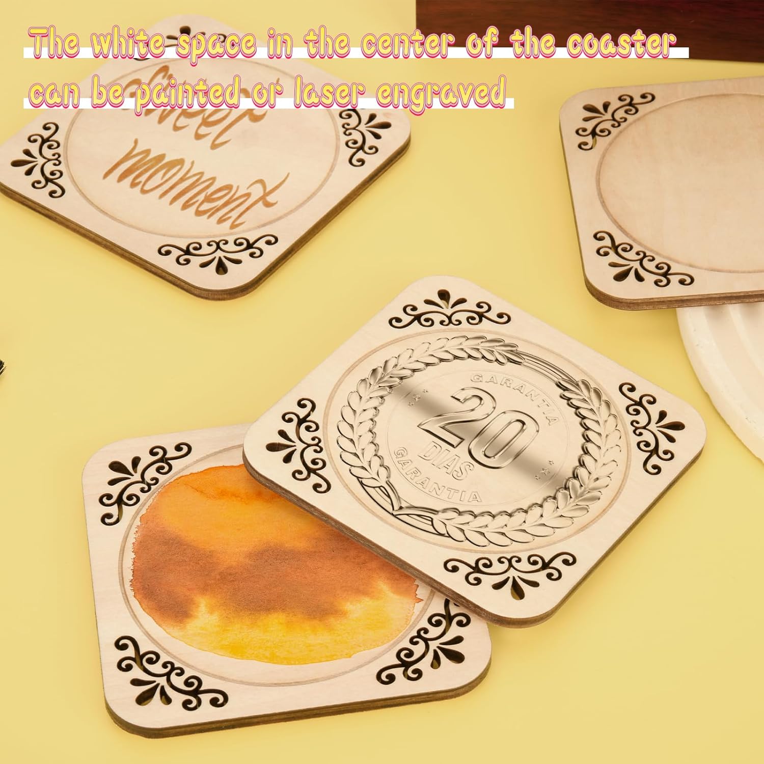 4 Pcs Unfinished Wood Coasters, 4 Inch Square Blank Coaster with Non Slip Pad for DIY Stained Painting Wood Engraving Wedding Halloween Christmas Home Decoration Square
