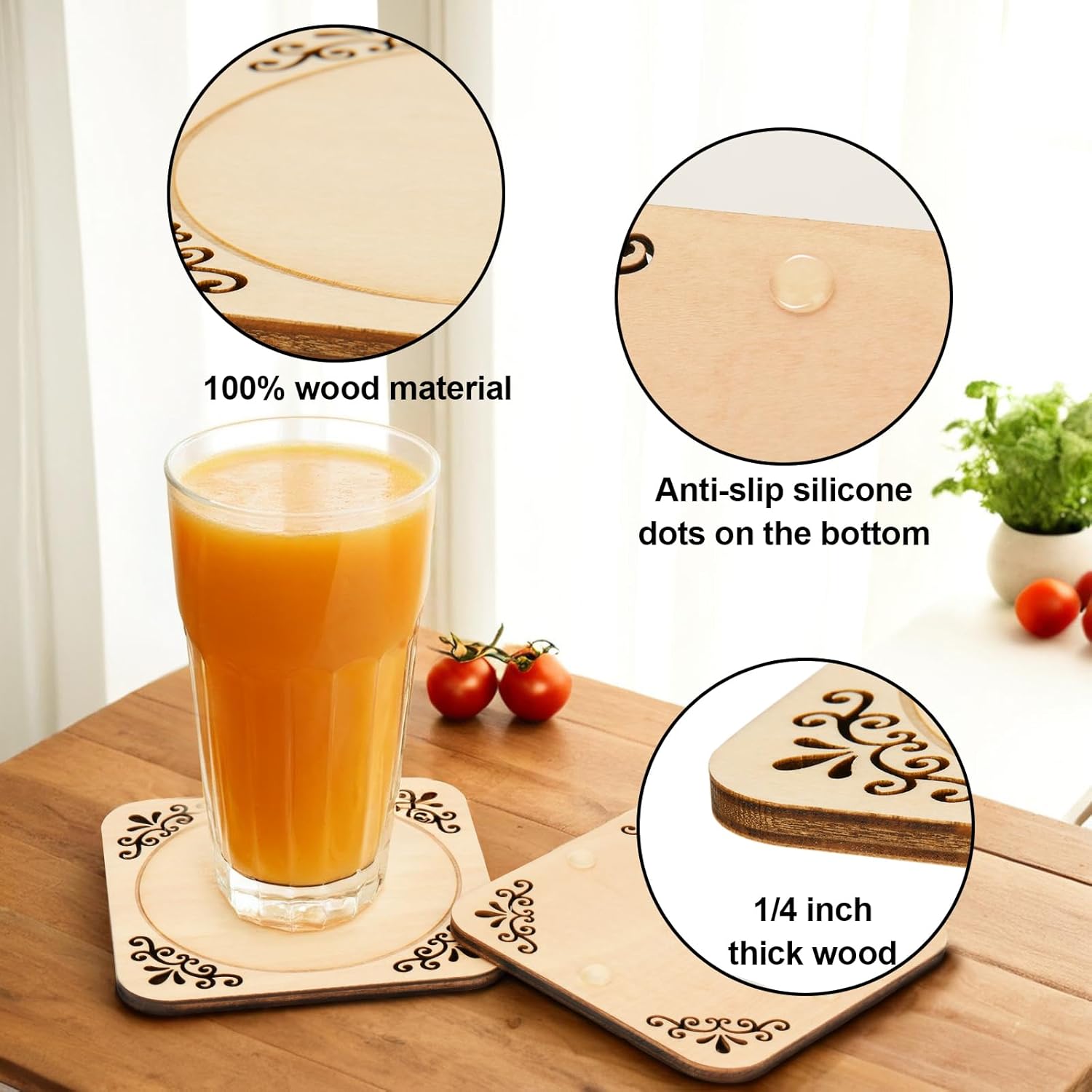 4 Pcs Unfinished Wood Coasters, 4 Inch Square Blank Coaster with Non Slip Pad for DIY Stained Painting Wood Engraving Wedding Halloween Christmas Home Decoration Square