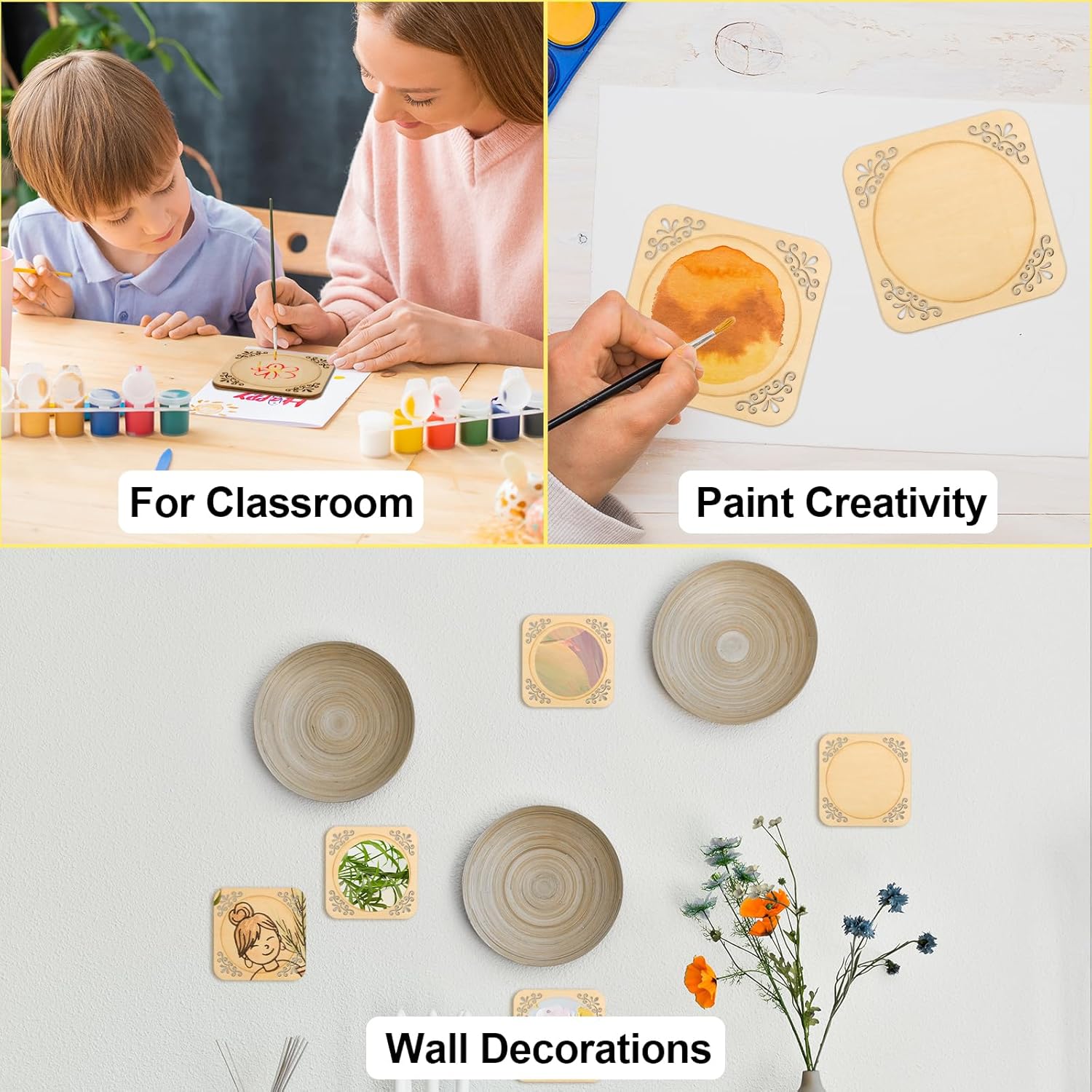 4 Pcs Unfinished Wood Coasters, 4 Inch Square Blank Coaster with Non Slip Pad for DIY Stained Painting Wood Engraving Wedding Halloween Christmas Home Decoration Square