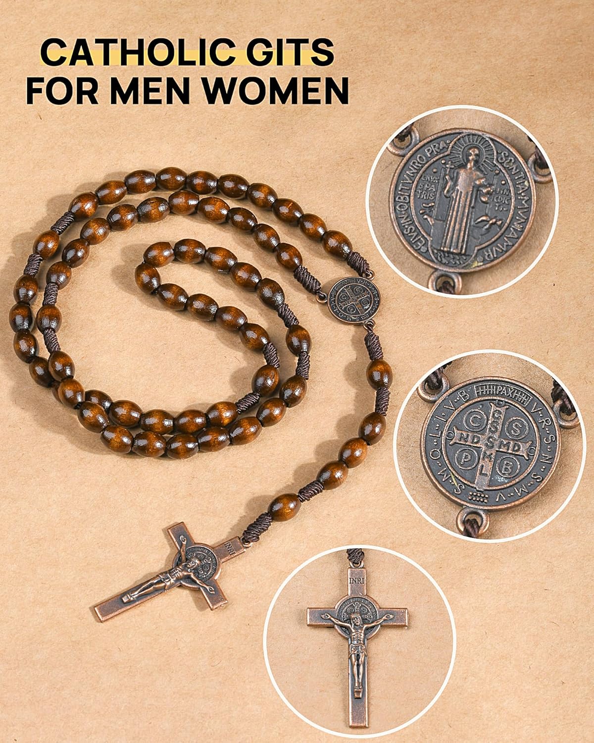 Rosary Beads Handmade Wooden Rosarios Catolicos l Cross For Catholic Or Christian Gift Woven Coffee Color