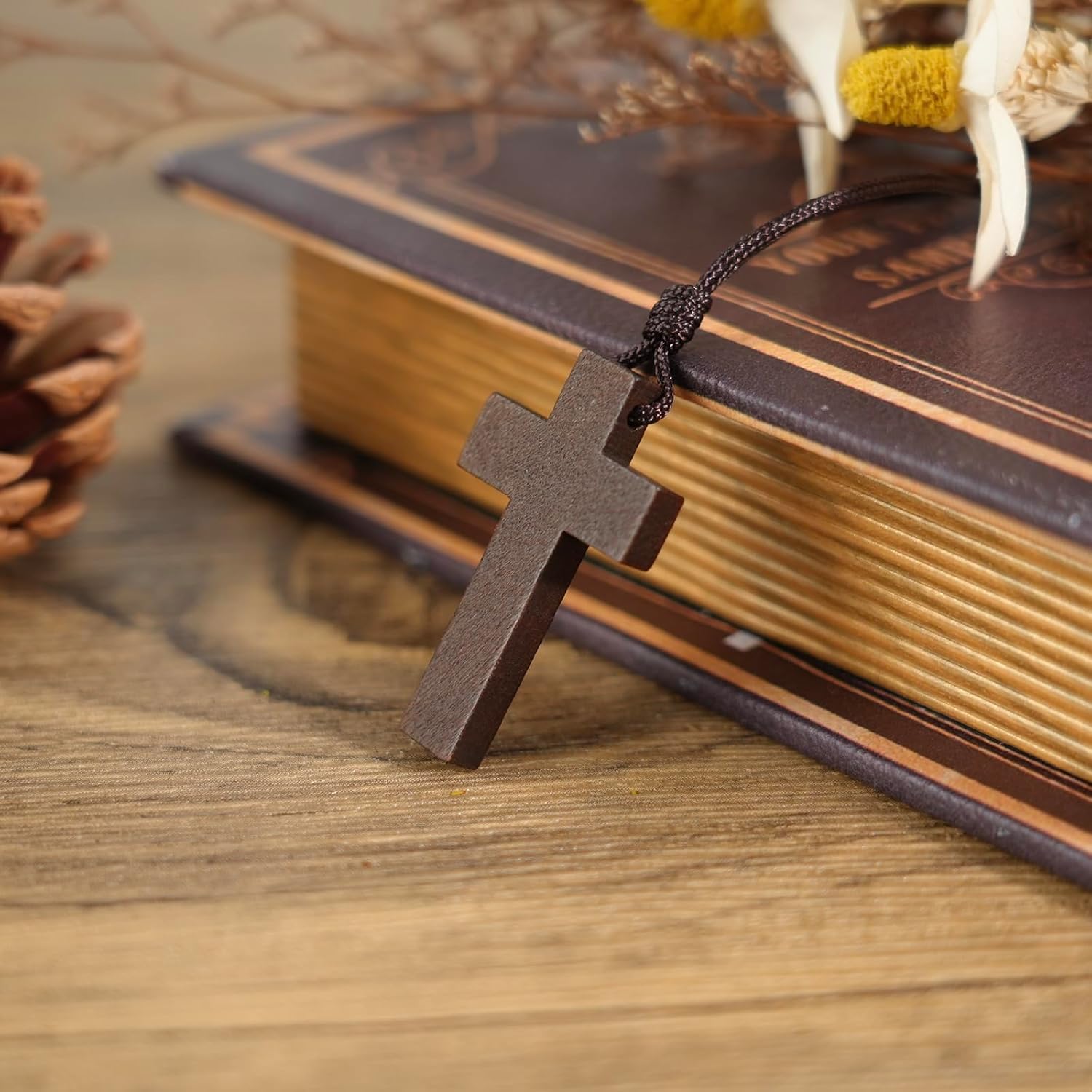 Natural Wooden Cross Necklace for Men&Woman, Crucifix Necklace Men&Woman, Bulk Wooden Small Crosses Gifts for Bible Verse Easter Party Favor, Cross for Car Mirror Hanging Pendant, 1.6In X 1In 12pcs