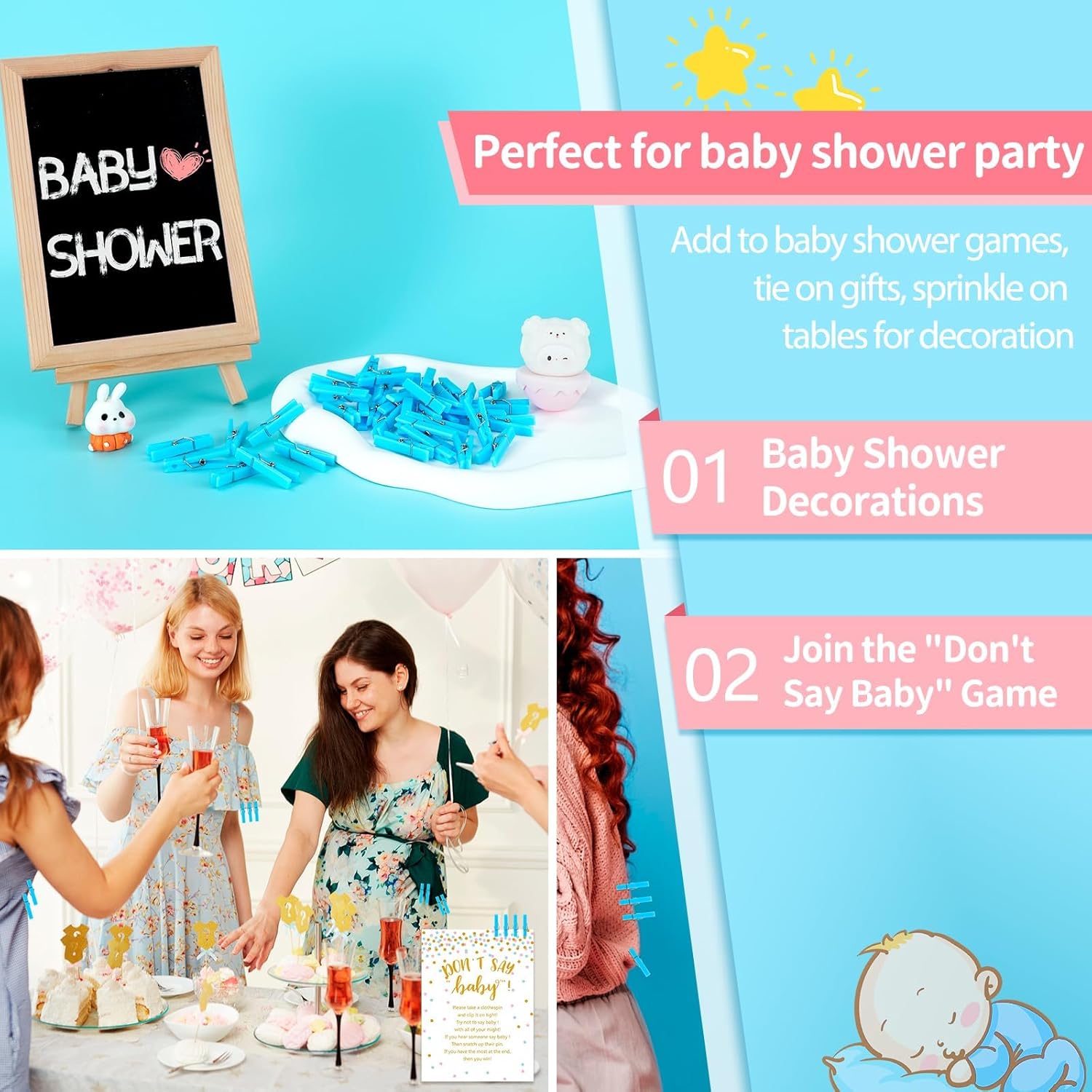 100Pcs Baby Shower Clothespin Games Mini Blue Clothes Pins 1.4 inch for Party Decorations Blue