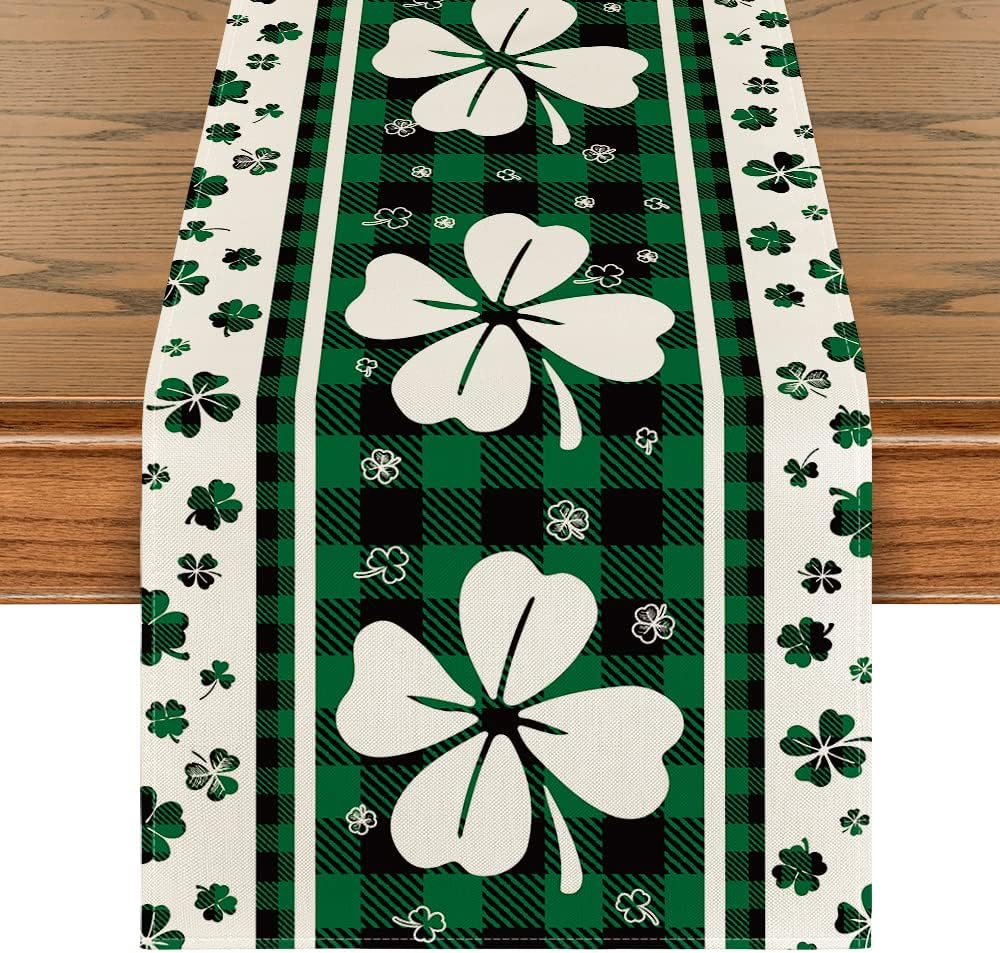 Green Clover Buffalo Plaid Shamrocks St.Patrick's Day Table Runner, Seasonal Kitchen Dining Table Decoration for Indoor Home Party 13x72 Inch