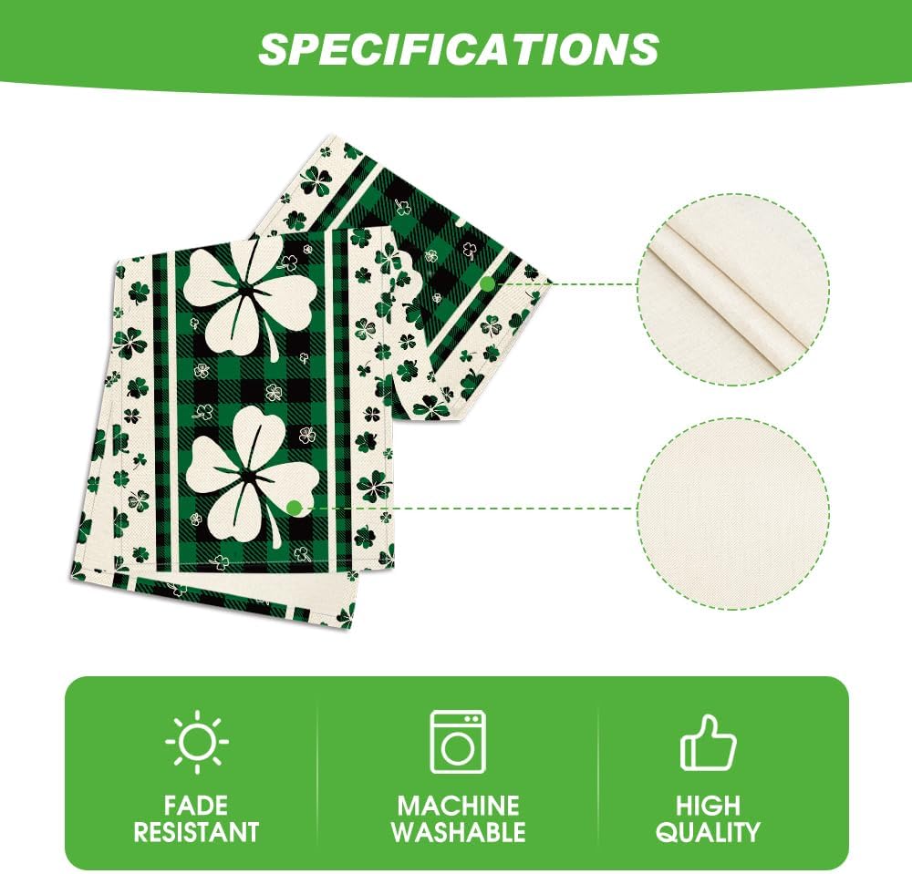 Green Clover Buffalo Plaid Shamrocks St.Patrick's Day Table Runner, Seasonal Kitchen Dining Table Decoration for Indoor Home Party 13x72 Inch