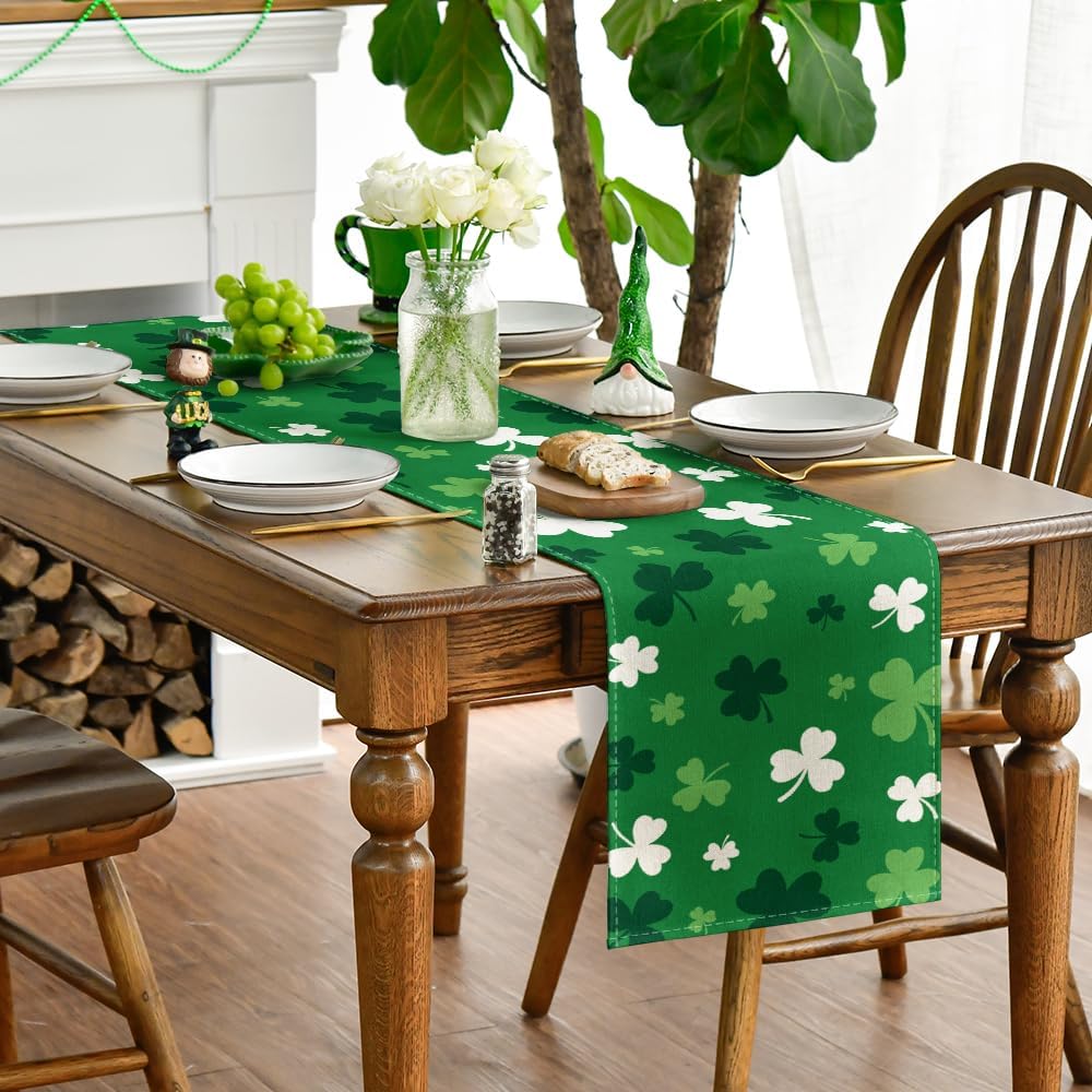 Green Shamrock St. Patrick's Day Table Runner, Seasonal Spring Kitchen Dining Table Decoration for Home Party Decor 13x72 Inch