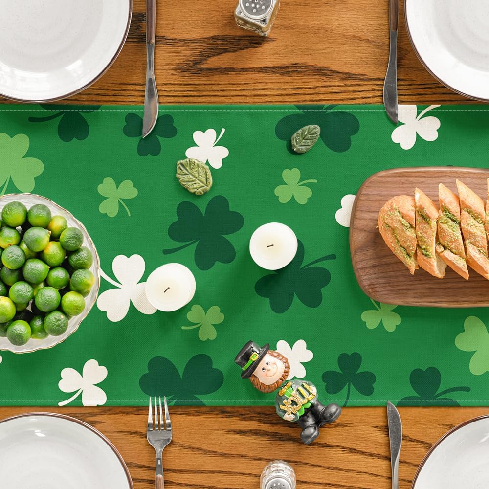Green Shamrock St. Patrick's Day Table Runner, Seasonal Spring Kitchen Dining Table Decoration for Home Party Decor 13x72 Inch