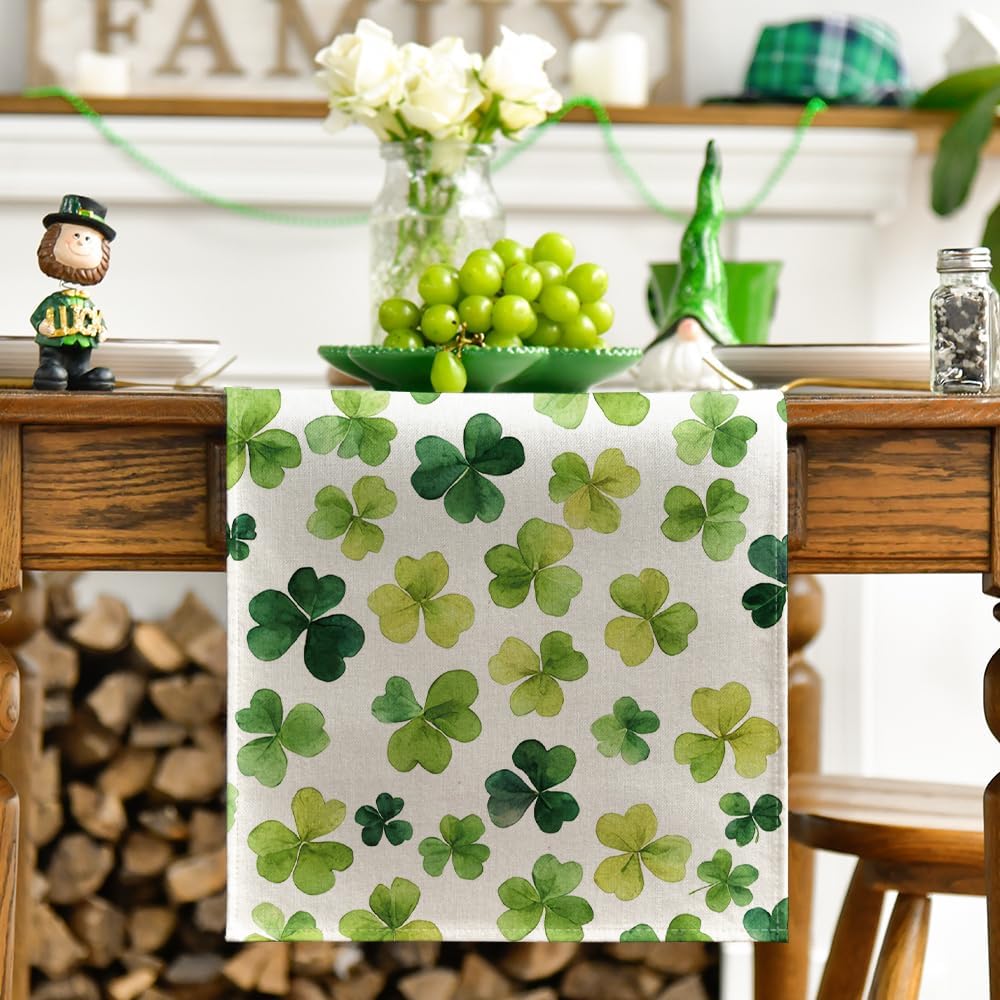 Shamrock St. Patrick's Day Table Runner, Seasonal Spring Lucky Kitchen Dining Table Decoration for Home Party Decor 13 x 72 Inch