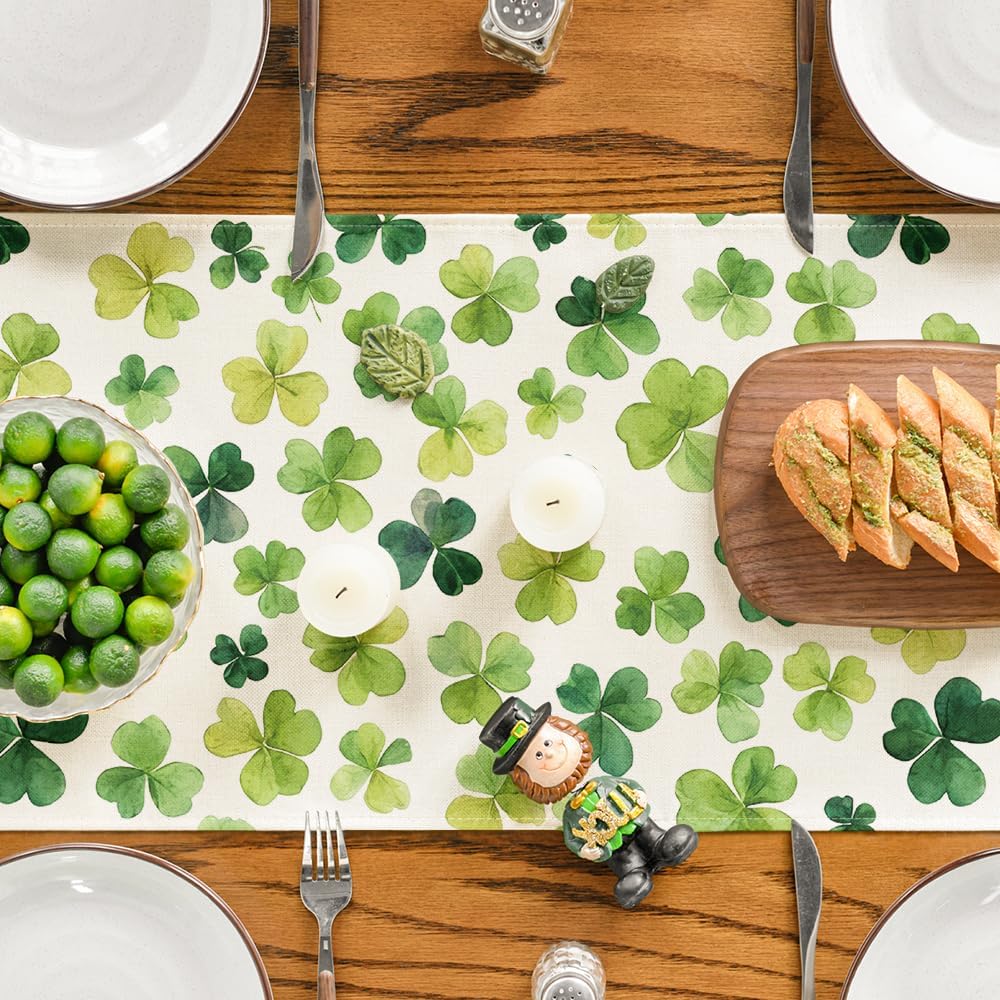 Shamrock St. Patrick's Day Table Runner, Seasonal Spring Lucky Kitchen Dining Table Decoration for Home Party Decor 13 x 72 Inch