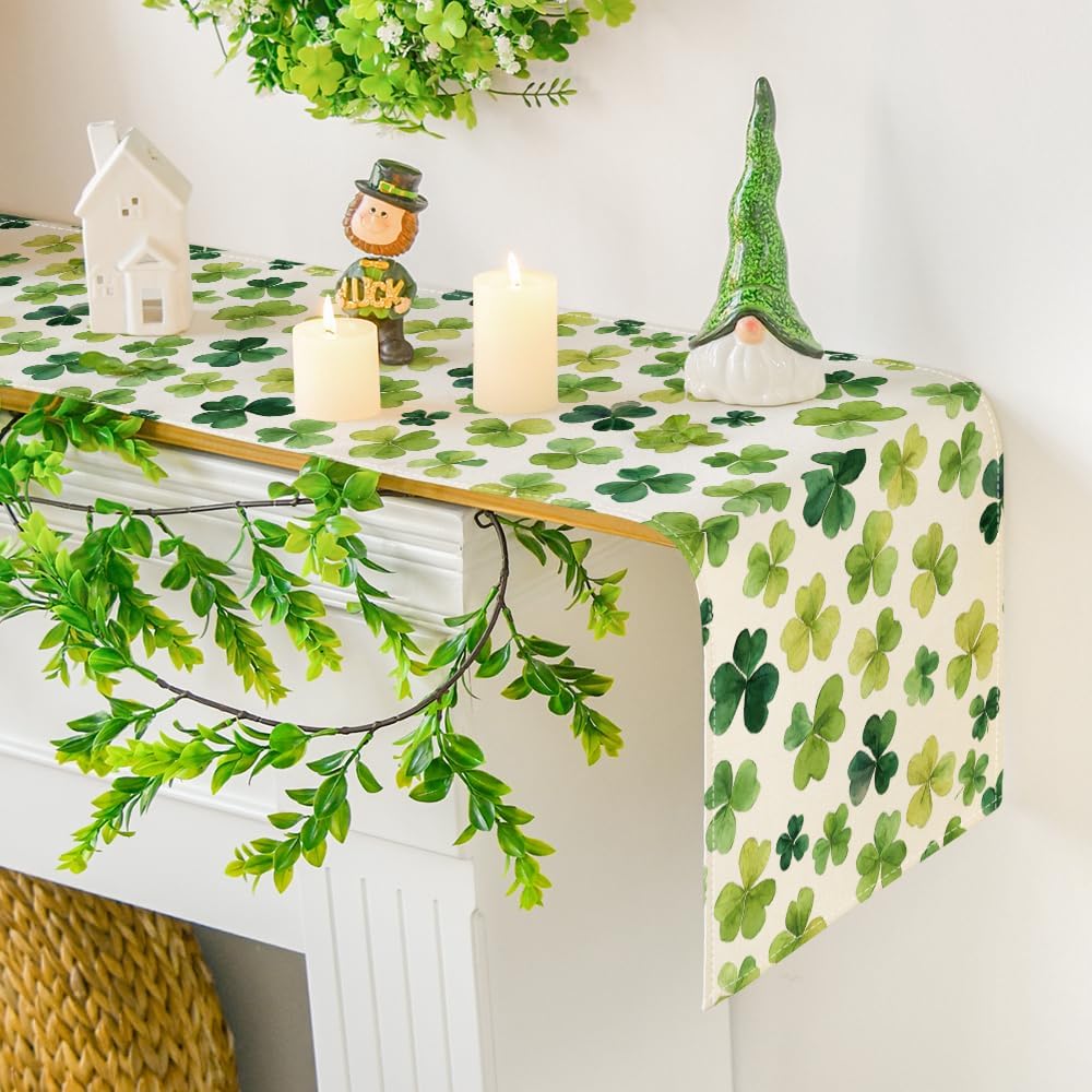 Shamrock St. Patrick's Day Table Runner, Seasonal Spring Lucky Kitchen Dining Table Decoration for Home Party Decor 13 x 72 Inch