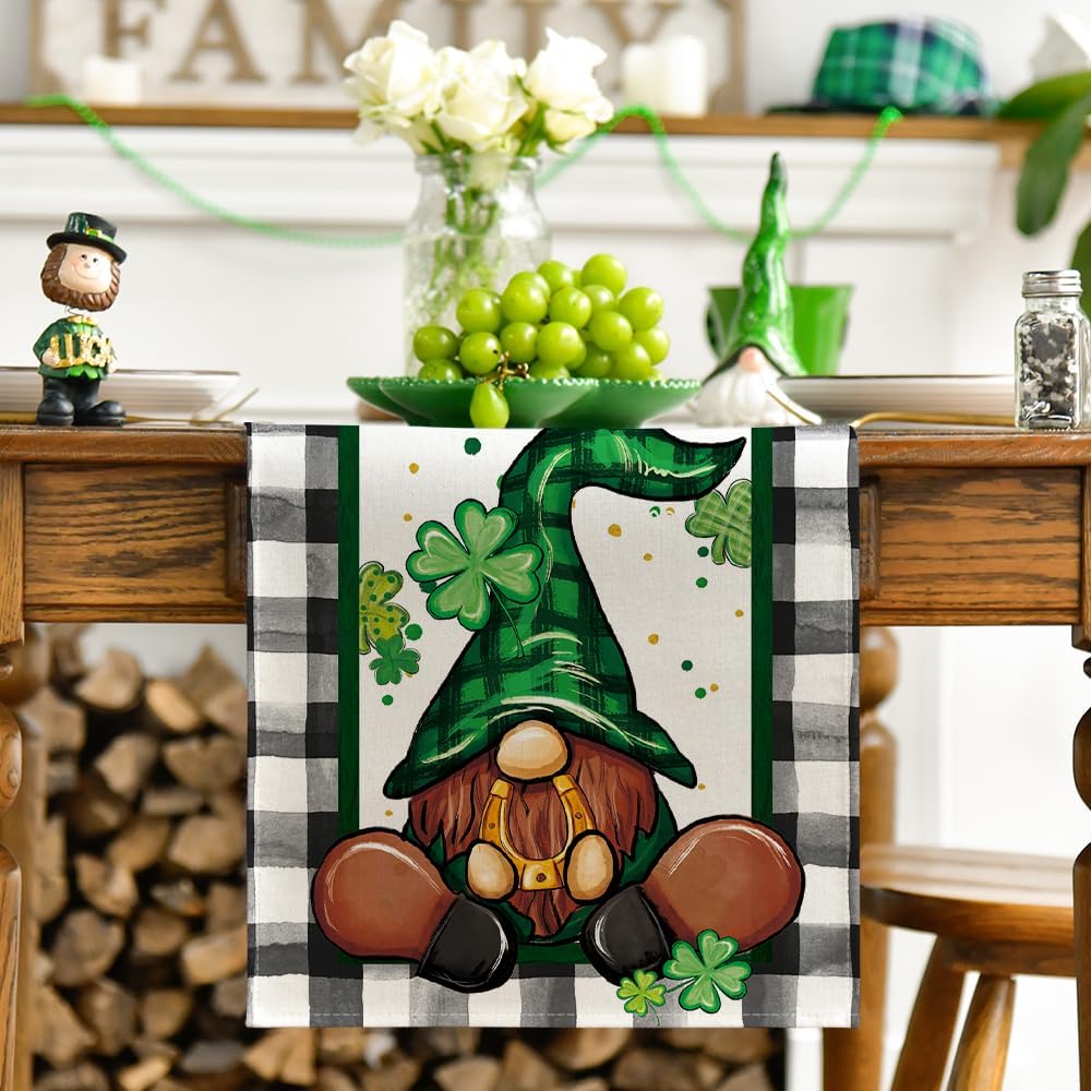 Buffalo Plaid Shamrock Gnome St. Patrick's Day Table Runner, Seasonal Spring Holiday Kitchen Dining Table Decoration for Indoor Outdoor Home Party Decor 13 x 72 Inch