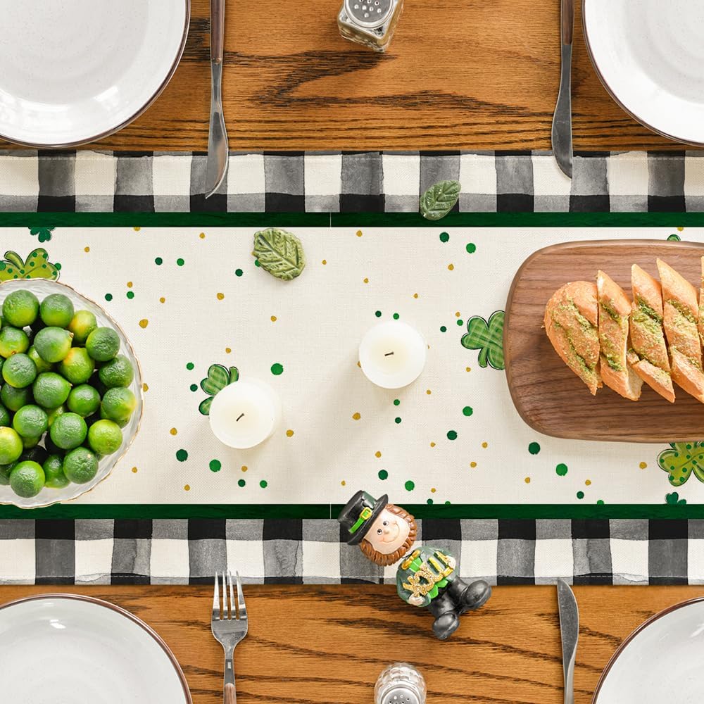 Buffalo Plaid Shamrock Gnome St. Patrick's Day Table Runner, Seasonal Spring Holiday Kitchen Dining Table Decoration for Indoor Outdoor Home Party Decor 13 x 72 Inch