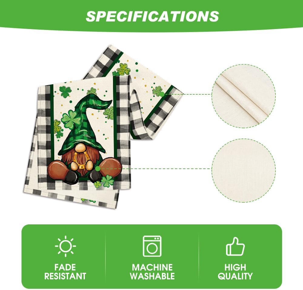 Buffalo Plaid Shamrock Gnome St. Patrick's Day Table Runner, Seasonal Spring Holiday Kitchen Dining Table Decoration for Indoor Outdoor Home Party Decor 13 x 72 Inch