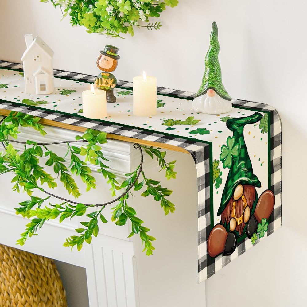 Buffalo Plaid Shamrock Gnome St. Patrick's Day Table Runner, Seasonal Spring Holiday Kitchen Dining Table Decoration for Indoor Outdoor Home Party Decor 13 x 72 Inch