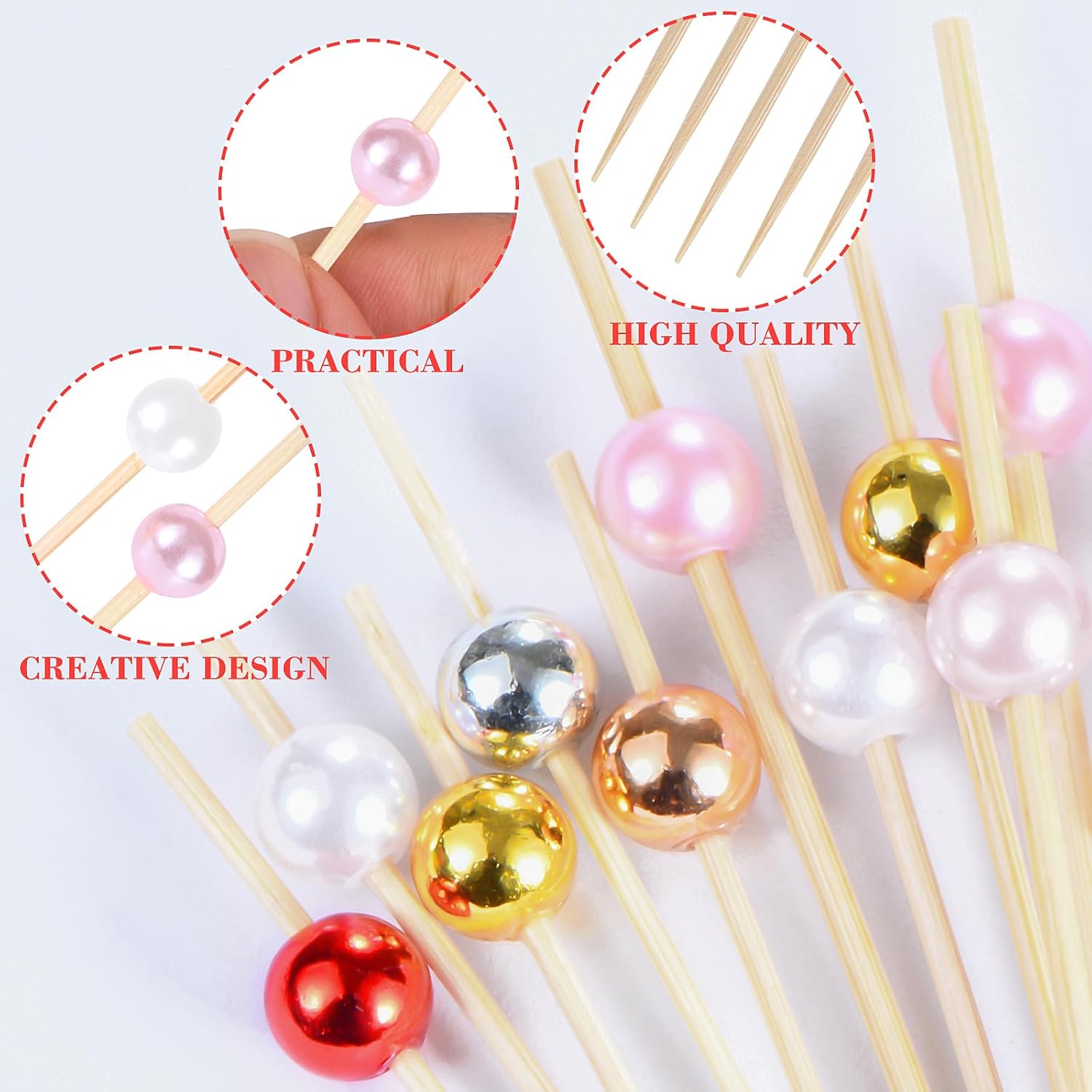 100 Pcs Pearl Toothpicks for Appetizers, 4.7 Inch Pearl Cocktail Picks for Party Decoration, Appetizer Skewers for Charcuterie Sandwich Burgers Fruit Drinks Party Pink