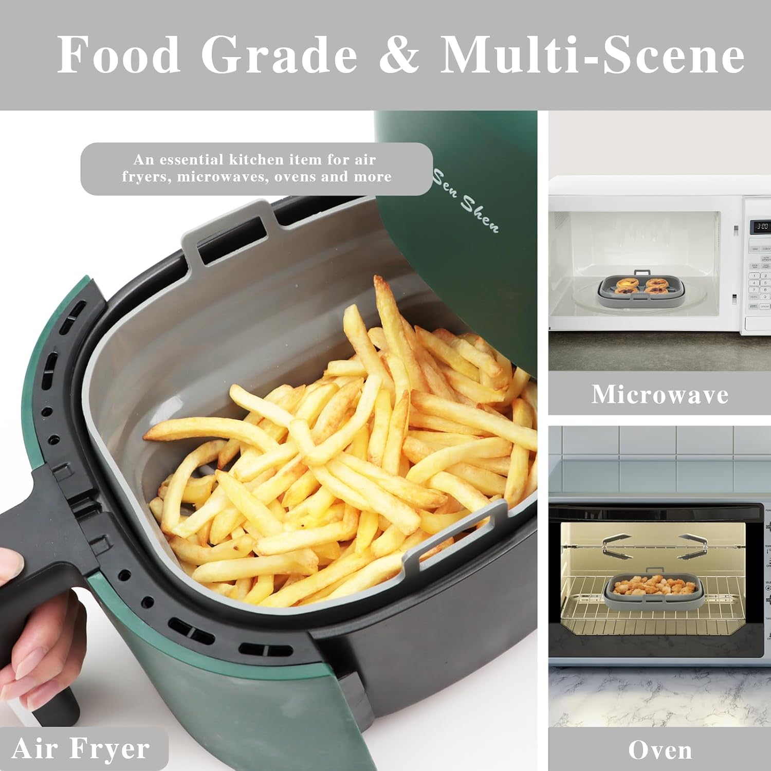 Rectangle Air Fryer Liner, Reusable Silicone Round Air Fryer Pot,Non-Stick Oil Filter Design 100% Food-Grade Kitchen Mat, 20cm Large Replacement Accessories for Air Fryer Grey
