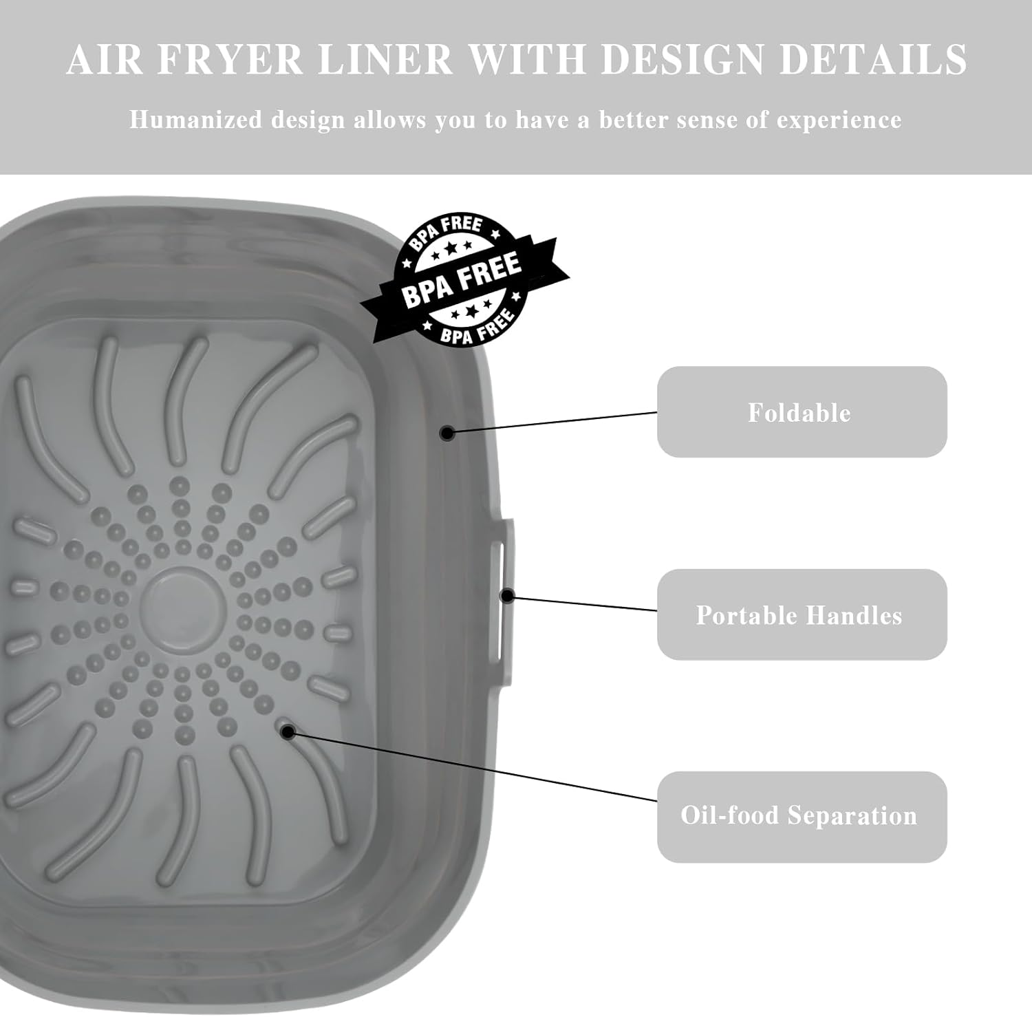 Rectangle Air Fryer Liner, Reusable Silicone Round Air Fryer Pot,Non-Stick Oil Filter Design 100% Food-Grade Kitchen Mat, 20cm Large Replacement Accessories for Air Fryer Grey