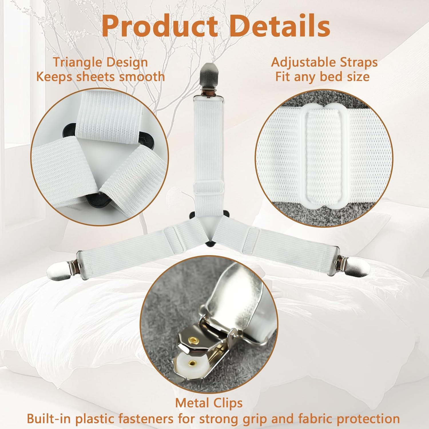 4PCS Bed Sheet Straps with l Clips, Adjustable Elastic Fitted Sheet Holders for Corners, Keep Bedding Wrinkle-Free, Easy to Install Durable Fasteners, Mattresses White