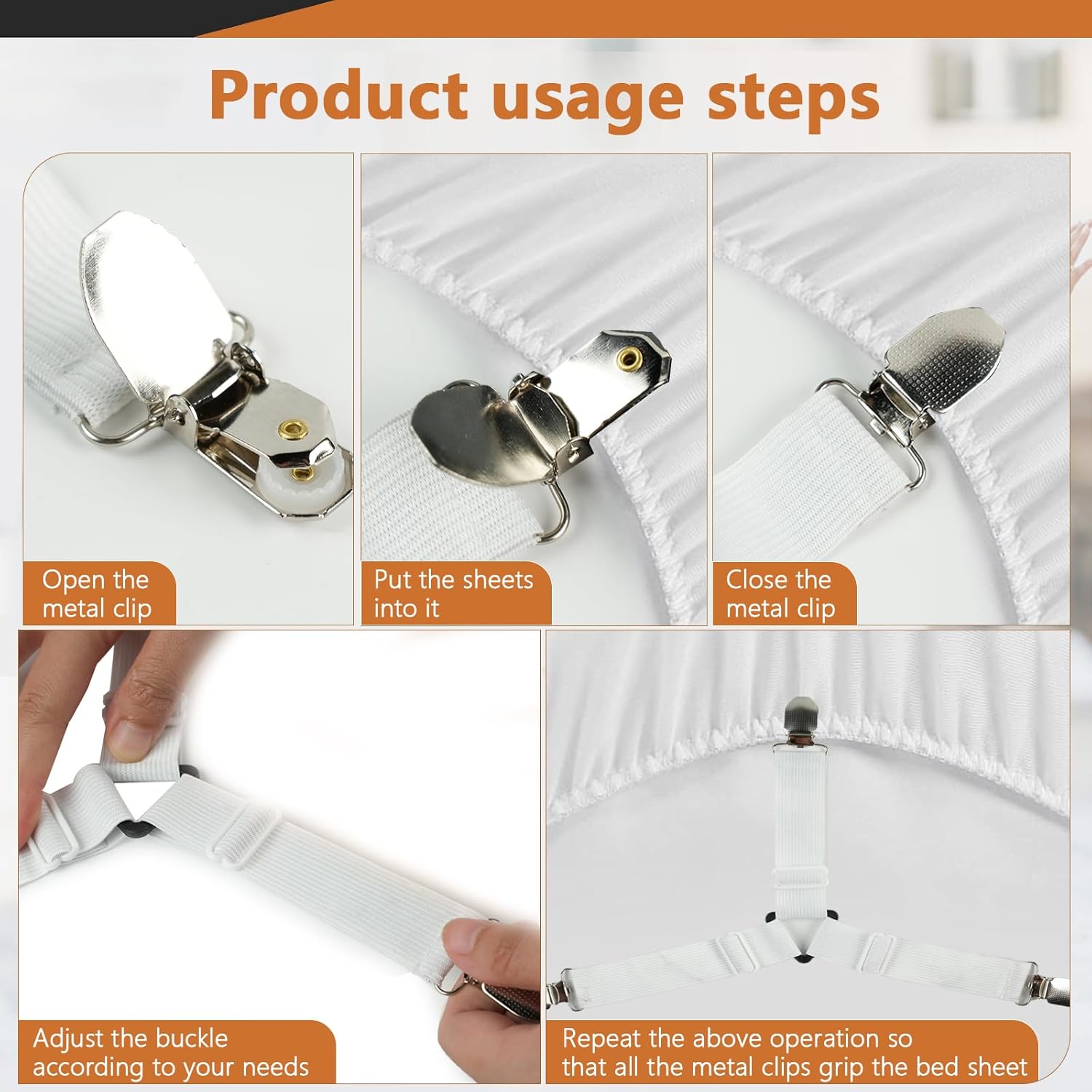 4PCS Bed Sheet Straps with l Clips, Adjustable Elastic Fitted Sheet Holders for Corners, Keep Bedding Wrinkle-Free, Easy to Install Durable Fasteners, Mattresses White