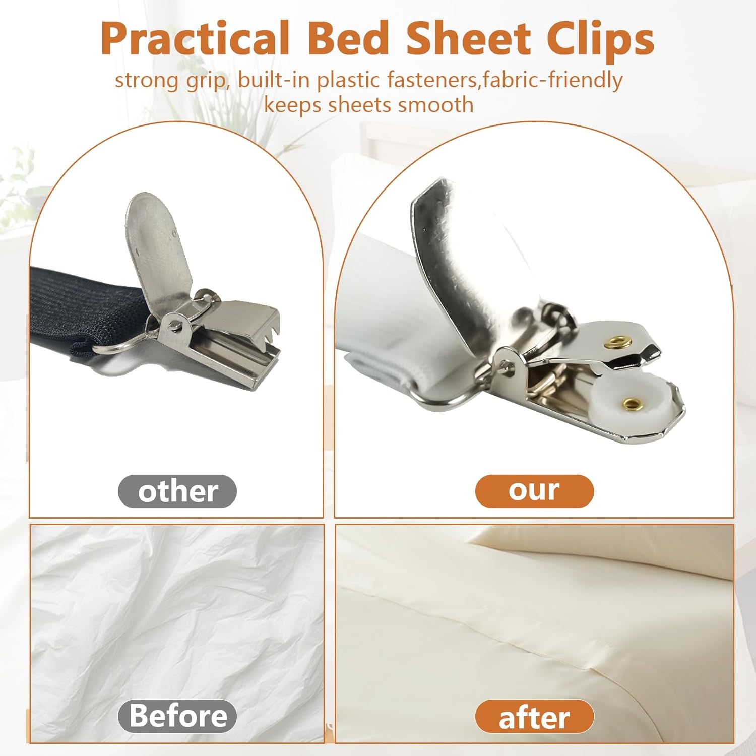 4PCS Bed Sheet Straps with l Clips, Adjustable Elastic Fitted Sheet Holders for Corners, Keep Bedding Wrinkle-Free, Easy to Install Durable Fasteners, Mattresses White