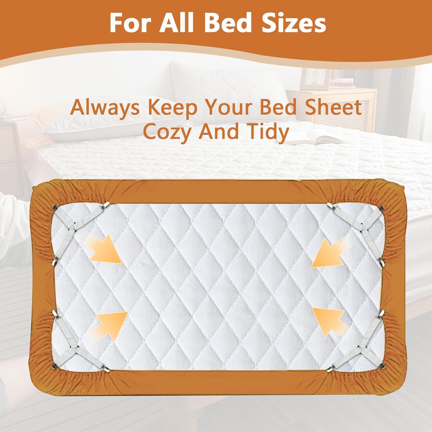 4PCS Bed Sheet Straps with l Clips, Adjustable Elastic Fitted Sheet Holders for Corners, Keep Bedding Wrinkle-Free, Easy to Install Durable Fasteners, Mattresses White