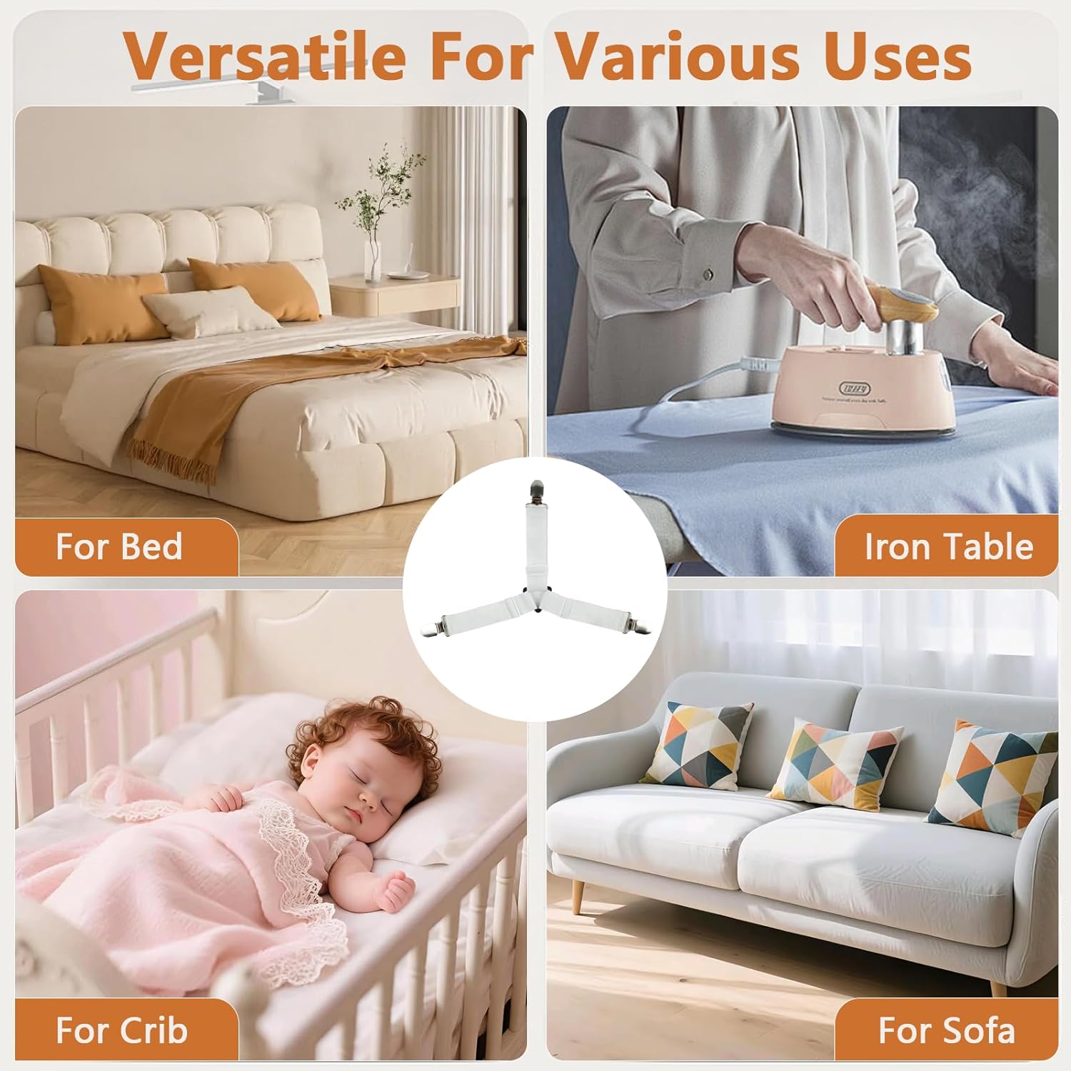 4PCS Bed Sheet Straps with l Clips, Adjustable Elastic Fitted Sheet Holders for Corners, Keep Bedding Wrinkle-Free, Easy to Install Durable Fasteners, Mattresses White