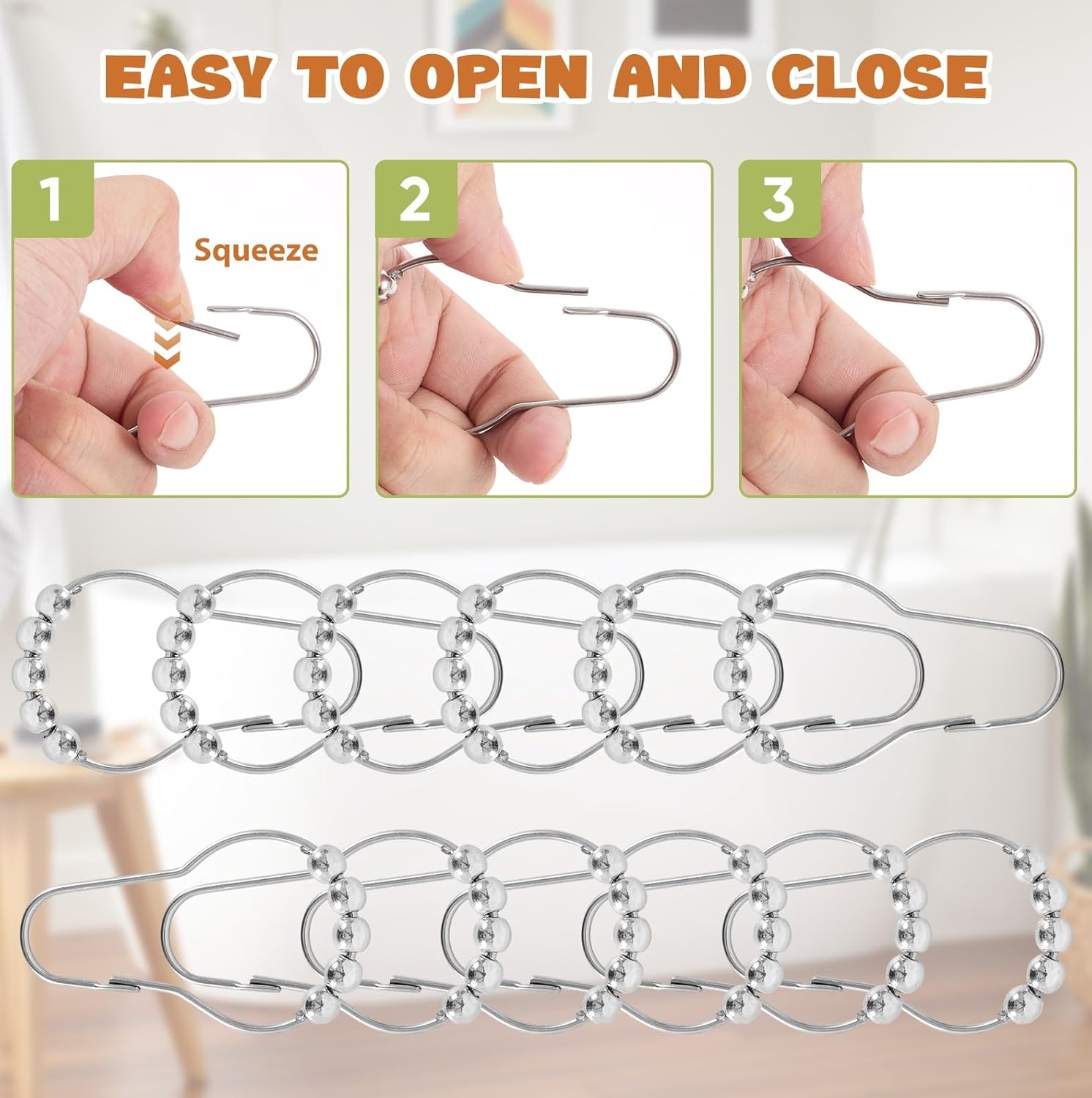 12 Shower Curtain Hooks, Suitable for Bathroom Shower rods for Rust-Proof Decorative Stainless Steel Shower Curtain Hooks, Silver