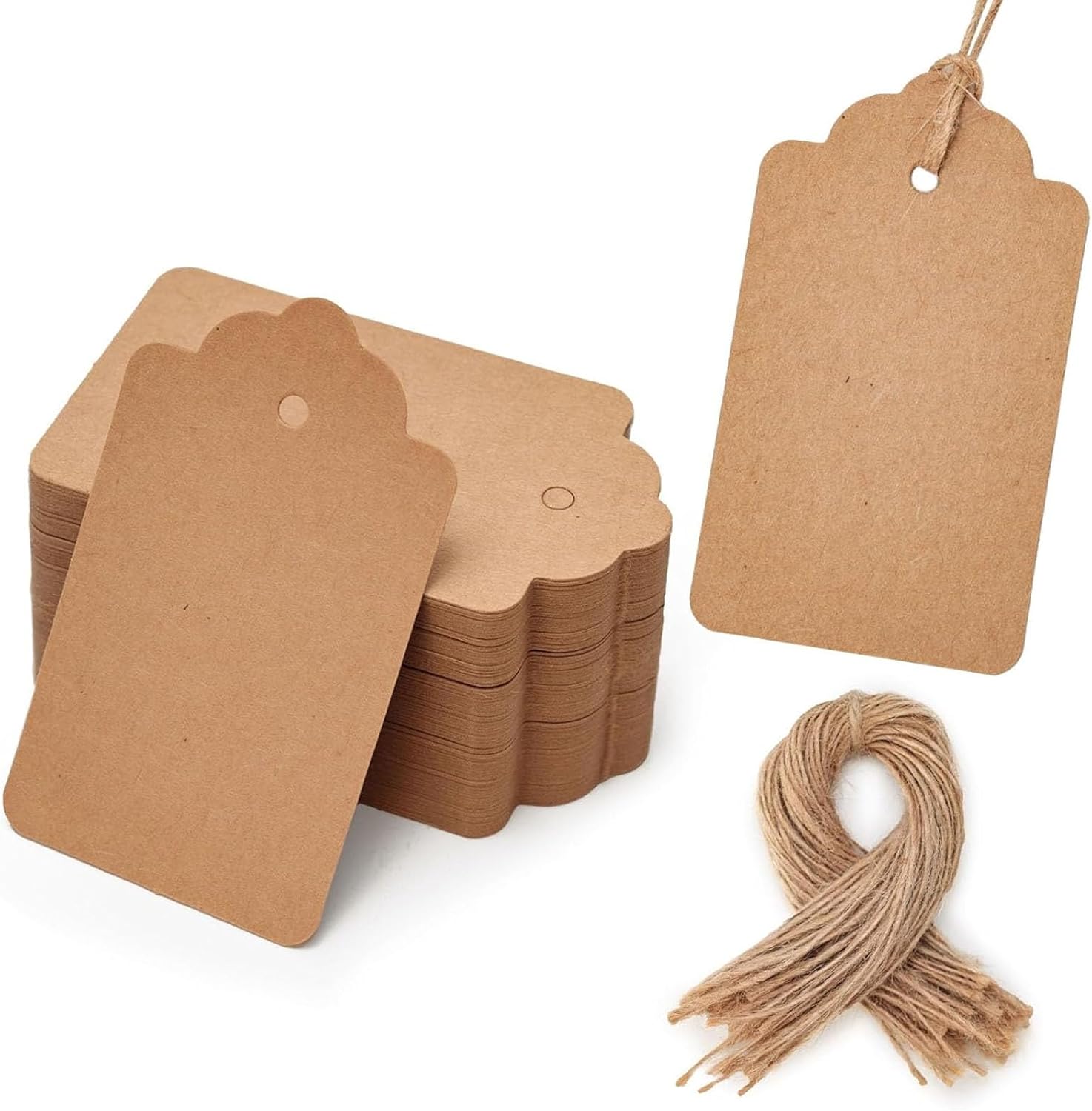 100pcs Gift Tags with String Attached, 1.7 x 2.8 inch Kraft Paper Hang Tags for Clothes DIY Crafts Wedding Holiday Brown