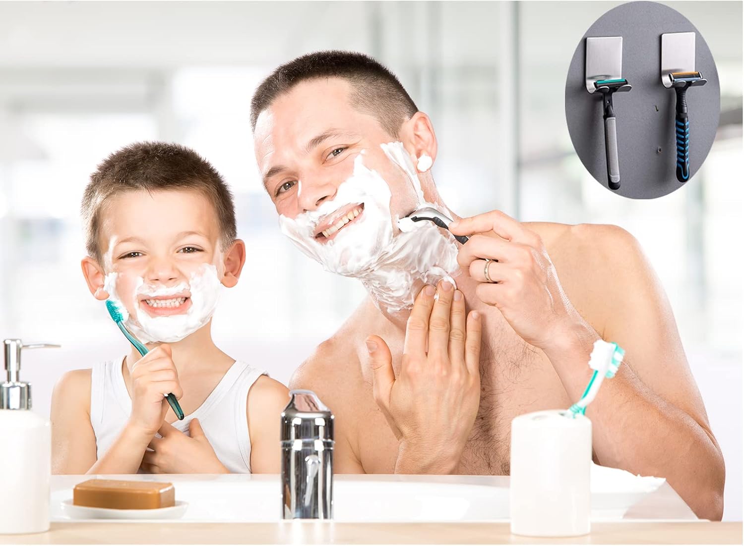 Razor Holder Shaver Hook Hanger Stand 2 Pack Self Adhesive Stainless Steel Heavy Duty Utility Storage Hook,Shower Hook for Razor,Bathroom Kitchen Organizer for Plug Robe Towel Loofah Bathrobe Coat