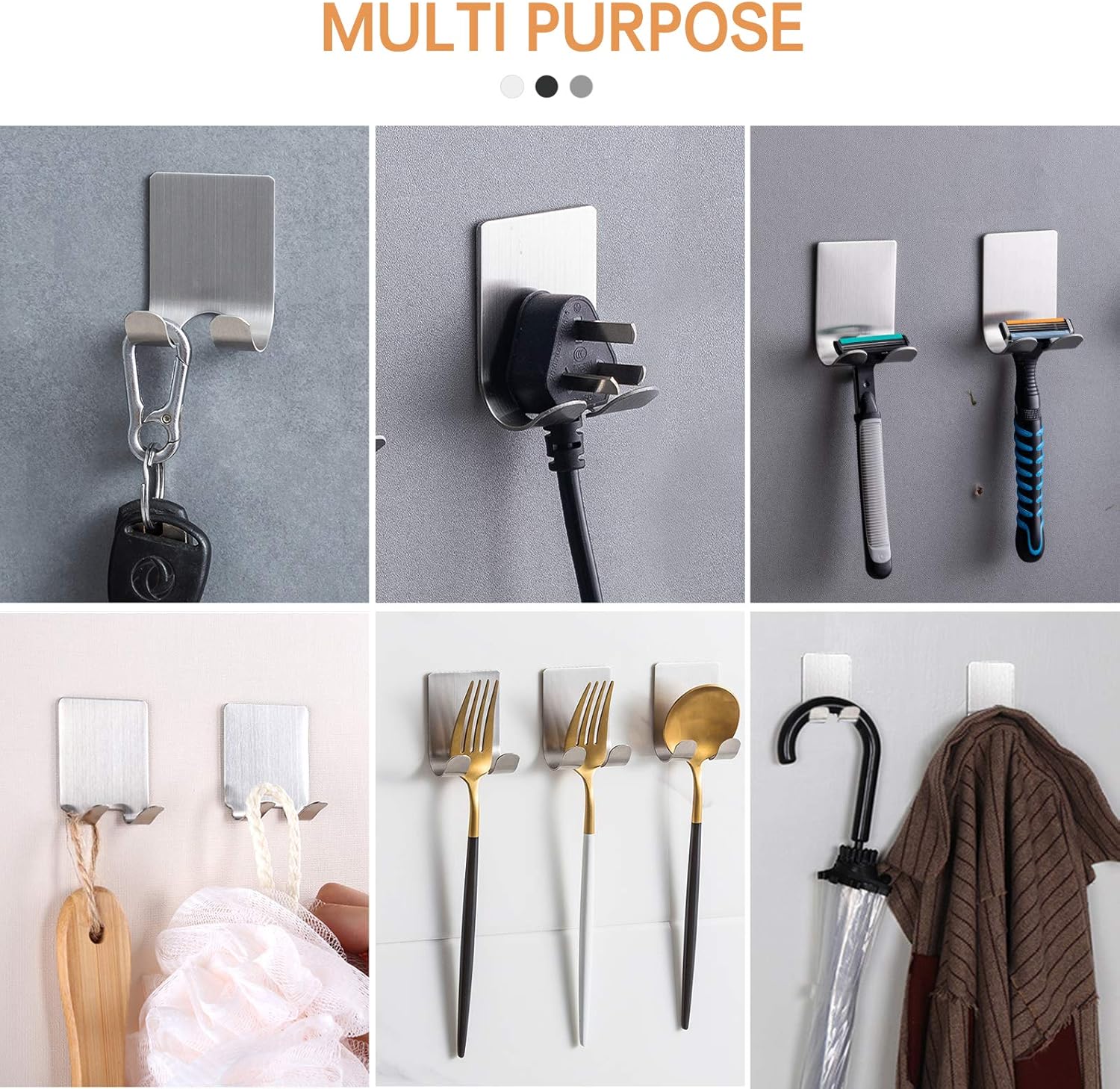 Razor Holder Shaver Hook Hanger Stand 2 Pack Self Adhesive Stainless Steel Heavy Duty Utility Storage Hook,Shower Hook for Razor,Bathroom Kitchen Organizer for Plug Robe Towel Loofah Bathrobe Coat