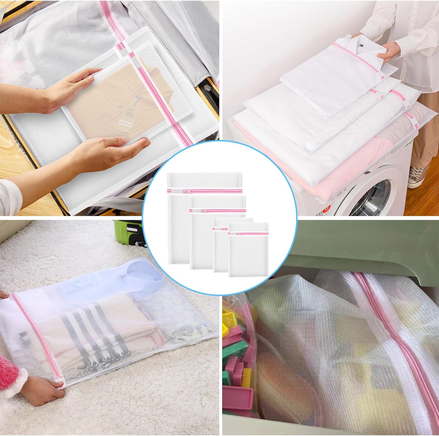 4Pcs Mesh Laundry Bags, Lingerie Bags for Washing Delicates,Mesh Wash Bags for Toy Storage & Cleaning, Travel Storage Organizer Bag, Dorm Room Essentials 1 Large, 1 Medium, 2 Small Fine Net