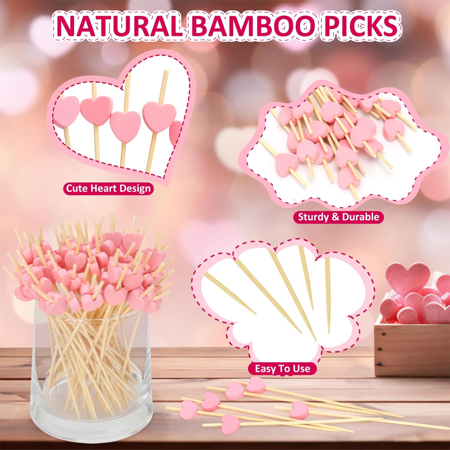 Pink Heart Cocktail Picks, Valentines Galentines Day Decorations Toothpicks for Appetizers, 4.7 IN Long Fancy Bamboo Food Skewers Wooden Charcuterie Sticks for Drinks Party Supplies Wedding Decor 100