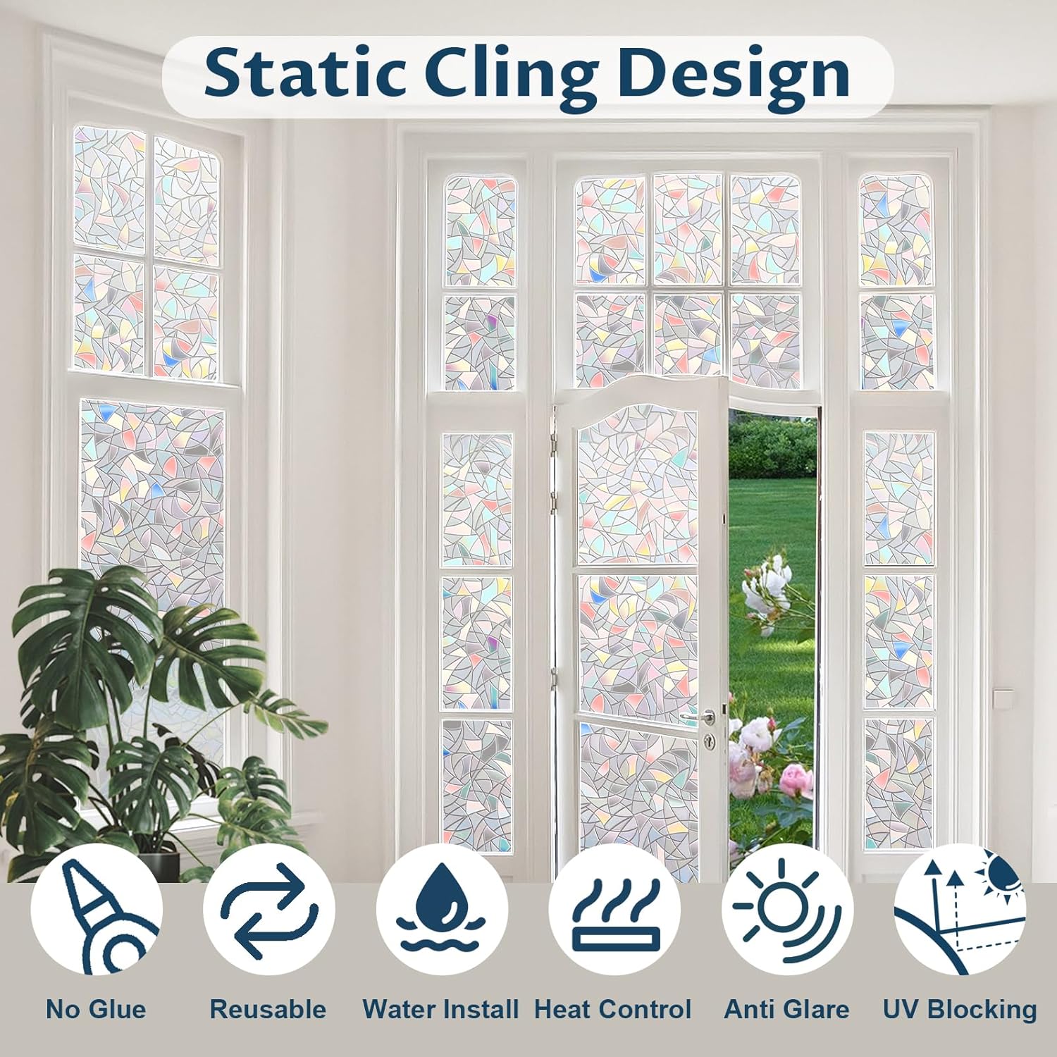 Rainbow Window Privacy Film Non-Adhesive Sun Blocking Reusable and Removable Glass Film Door Coverings for Bathroom, Home, Office, 17.5 x 78.7 Inch