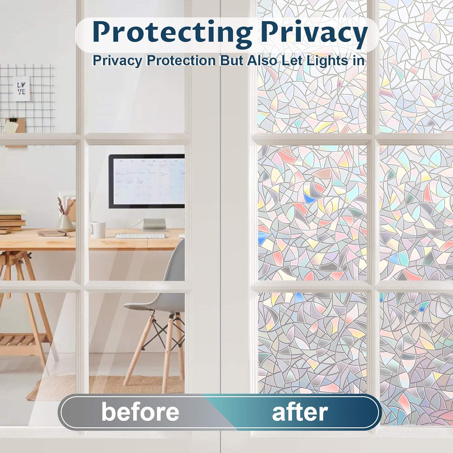 Rainbow Window Privacy Film Non-Adhesive Sun Blocking Reusable and Removable Glass Film Door Coverings for Bathroom, Home, Office, 17.5 x 78.7 Inch