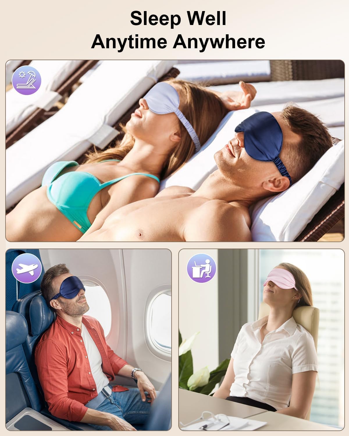2Pack Silk Sleep Mask, Eye Mask for Sleeping,Elastic Blackout Eye Mask & Blindfold for Full Night's Sleep,Travel and Nap Black+Purple