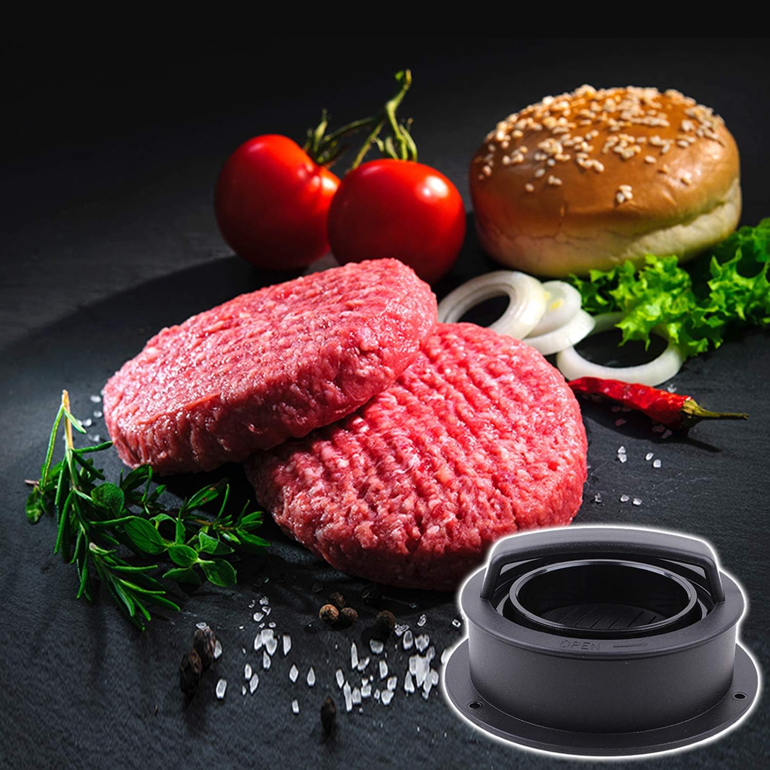 Burger Press, Hamburger Press Patty Maker With 100Pcs Hamburger Patty Paper, 3 in 1 Non Stick Patty Mold for Stuffed Burgers, Sliders, Veggie Beef Burger, Kitchen Barbecue Tool Grilling Accessories