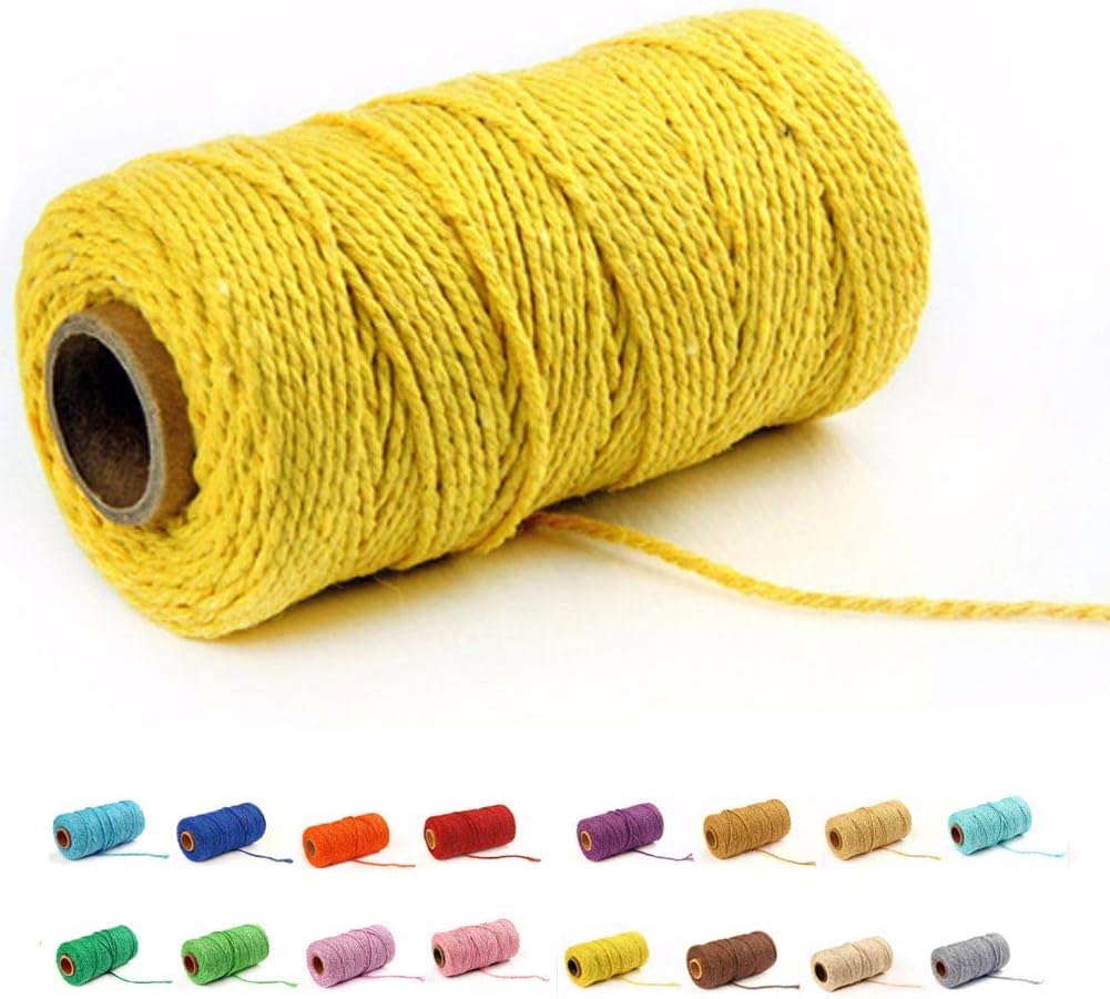 109 Yards/1.5mm/35 Colors Optional Cotton Baker Twine DIY Craft Macramé Natural Cotton Rope Craft Making Knitting String Rope DIY Wedding Decor Supply Christmas Wrapping Yellow