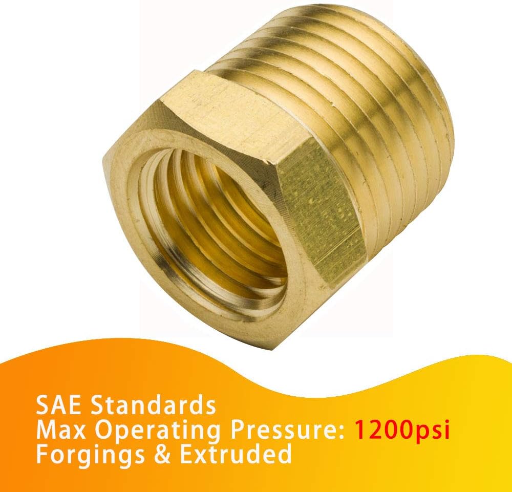 1/4" NPT Male to 1/8" NPT Female Brass Reducer Bushing Forged Hex Head Pipe Fitting 1200psi Pack of 2