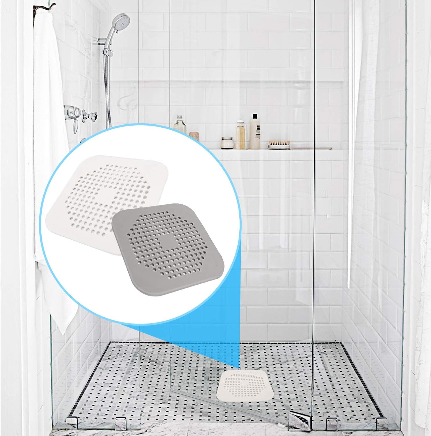 Square Drain Cover for Shower 5.7-inch TPR Drain Hair Catcher Flat Silicone Plug for Bathroom and Kitchen Filter Shower Drain Protection Flat Strainer Stopper with Suction Cups 2 Pack Grey