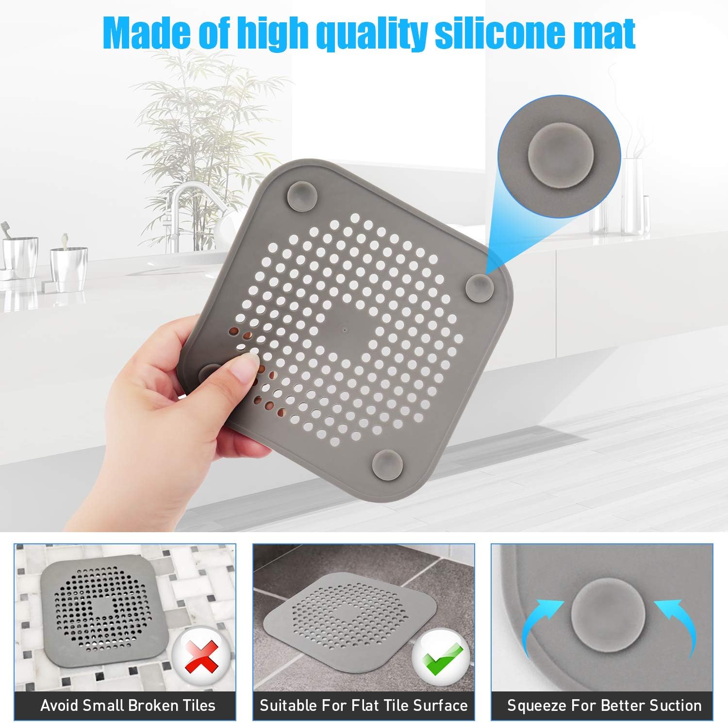Square Drain Cover for Shower 5.7-inch TPR Drain Hair Catcher Flat Silicone Plug for Bathroom and Kitchen Filter Shower Drain Protection Flat Strainer Stopper with Suction Cups 2 Pack White