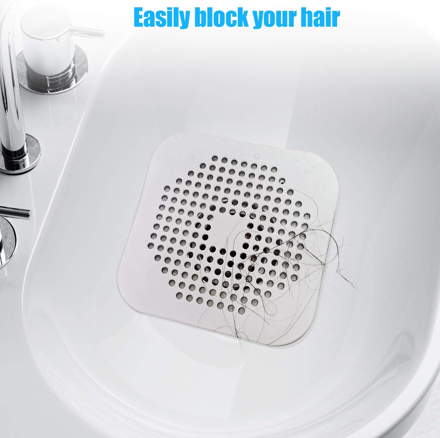 Square Drain Cover for Shower 5.7-inch TPR Drain Hair Catcher Flat Silicone Plug for Bathroom and Kitchen Filter Shower Drain Protection Flat Strainer Stopper with Suction Cups 2 Pack White