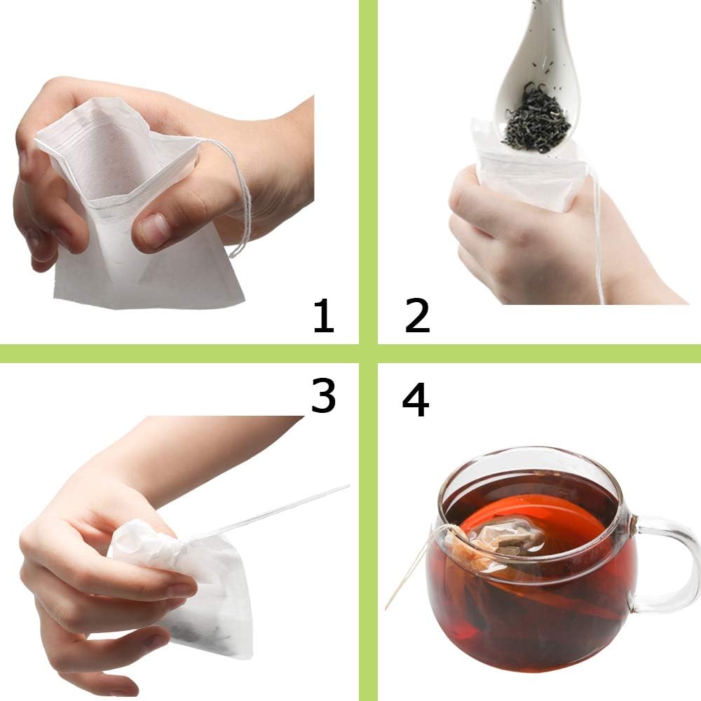 Tea Filter bags, safe and natural material, disposable tea infuser, empty tea bag with drawstring for loose leaf tea, set of 100 3.15 x 3.94 inch White