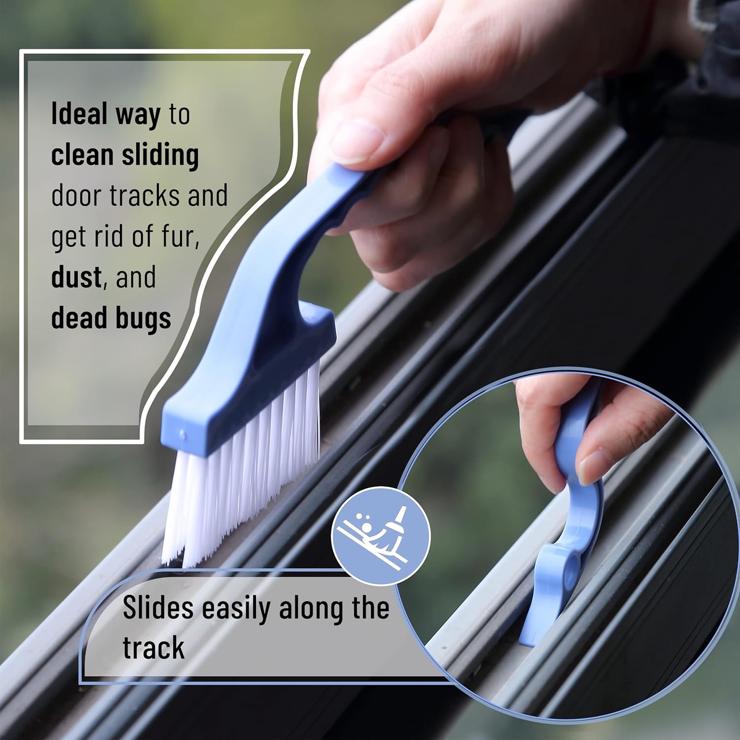 Slick- Window Track Cleaning Brush, 2 Pack, Blue Ergonomic Handle, Built-in Scraper, Multipurpose, Window Track Cleaning Tools