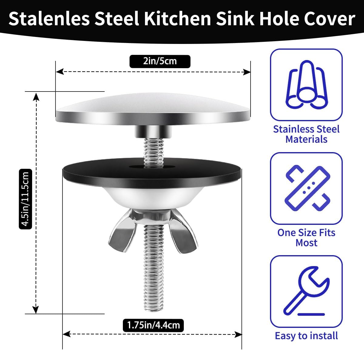2 Inch Kitchen Sink Hole Covers, Faucet Hole Cover Stainless Steel Wash Basin Kitchen Sink Tap Hole Plate Stopper, Sealed Decoration Hole Cover Silver